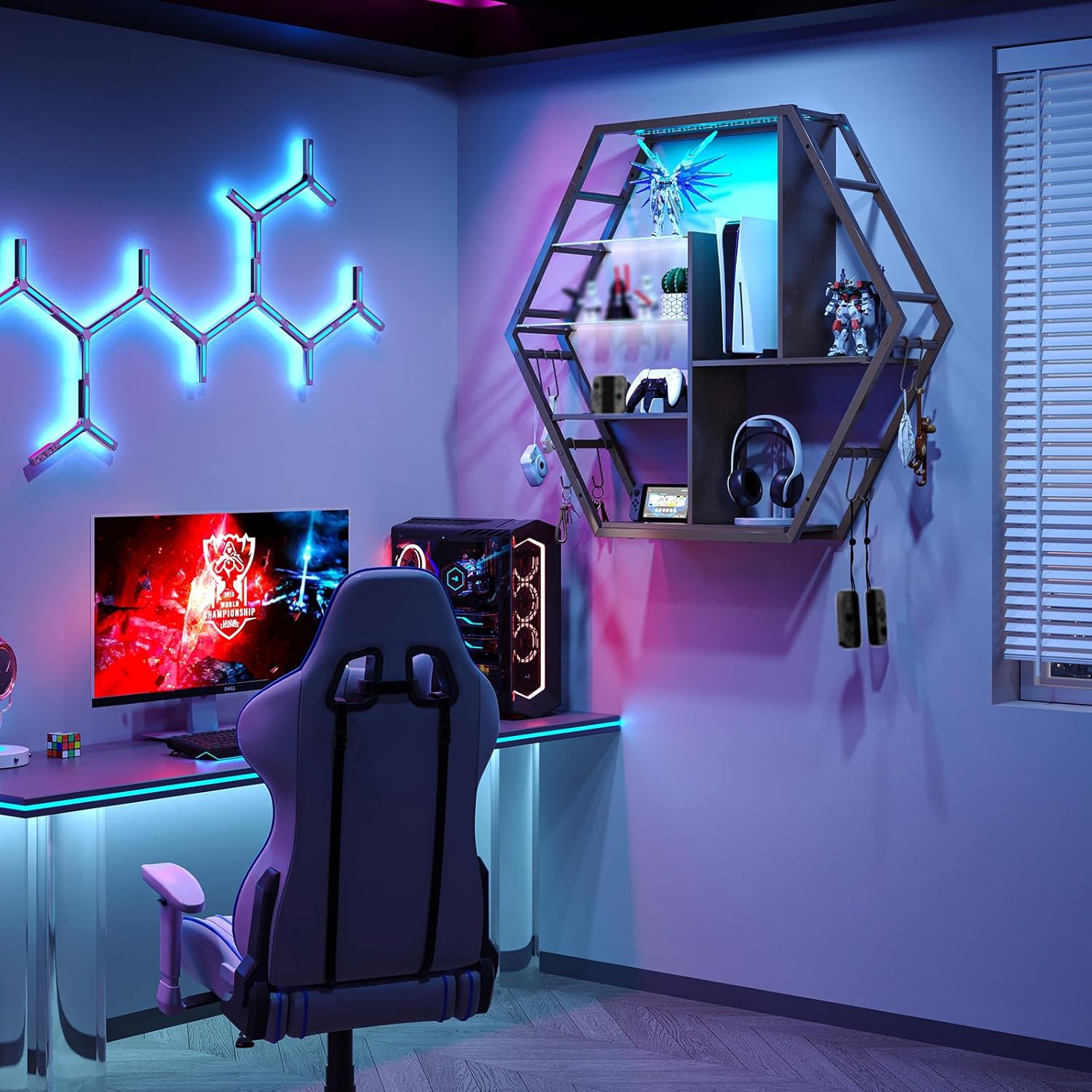 Floating Shelves With Lights – RGB Light Shelves, Honeycomb Hexagonal Design, Sturdy Storage Home Decor