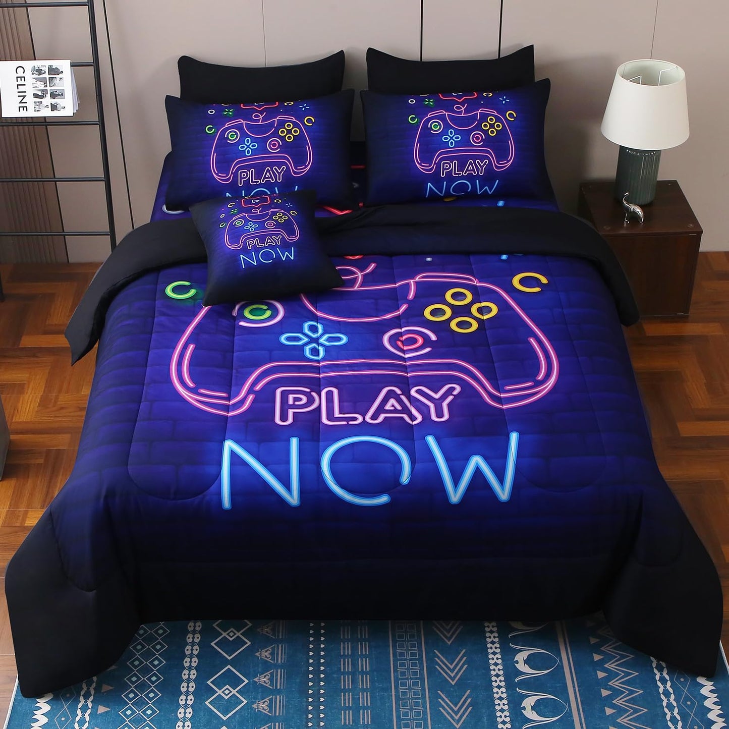JQinHome Full Gamer Comforter Set,6 Piece Bed in A Bag 3D Video Game Bedding -All Season Down Alternative Gamer Bedding Sets - (Blue Game Controller)