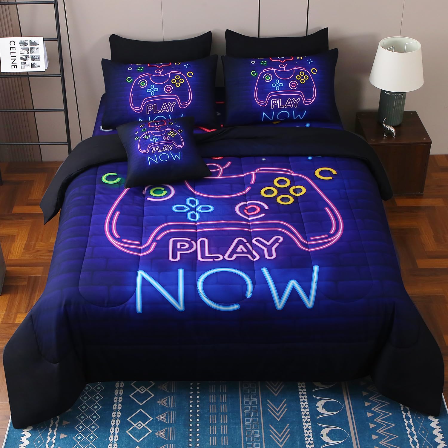 JQinHome Full Gamer Comforter Set,6 Piece Bed in A Bag 3D Video Game Bedding -All Season Down Alternative Gamer Bedding Sets - (Blue Game Controller)