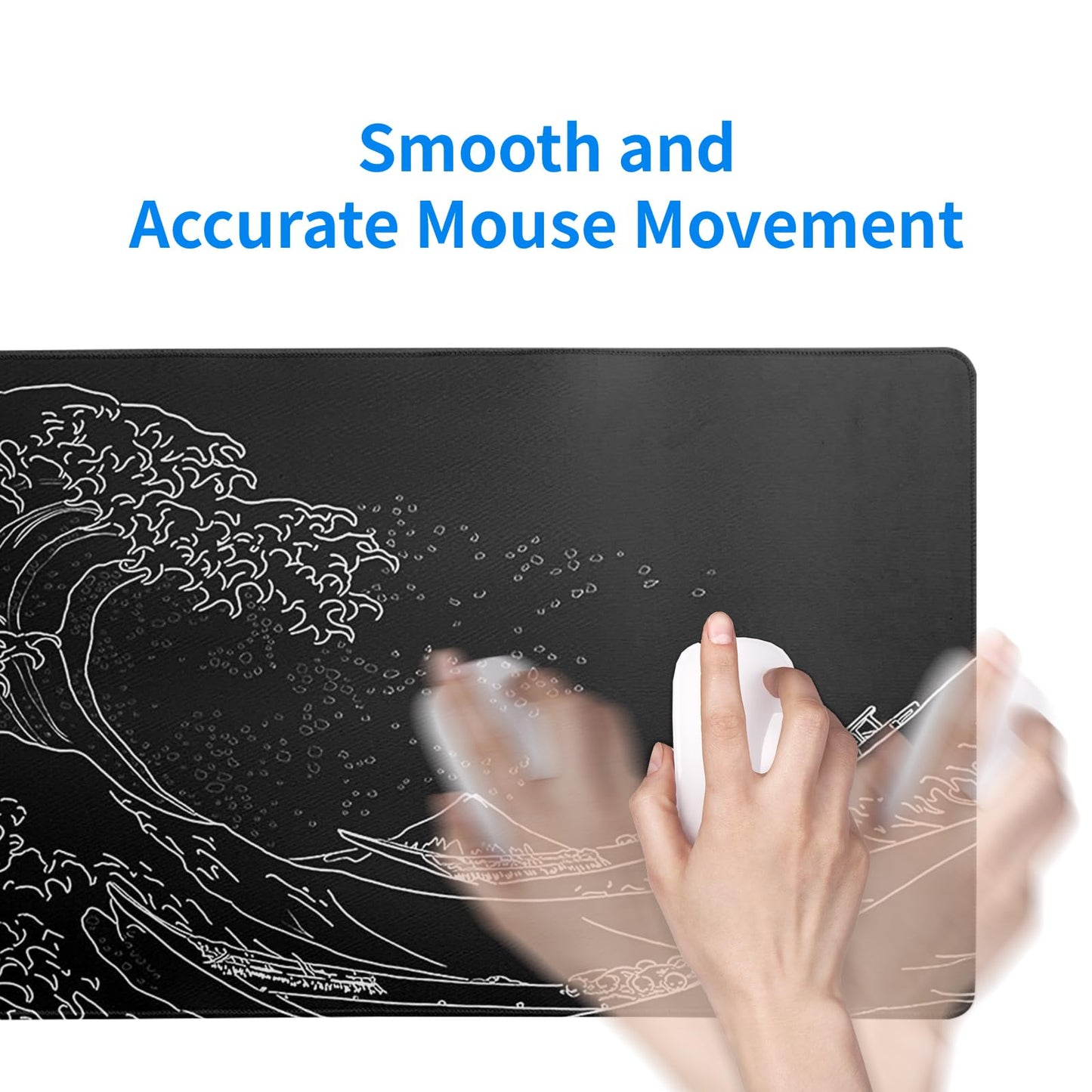 Japanese Gaming Mouse Pad Abstract Black Mouse Pad 31.5x11.8 Inch Black Sea Wave Texture Non-Slip Rubber Base Large Ocean Mousepad Stitched Edges Keyboard Mouse Mat Desk Pad for Office and Home