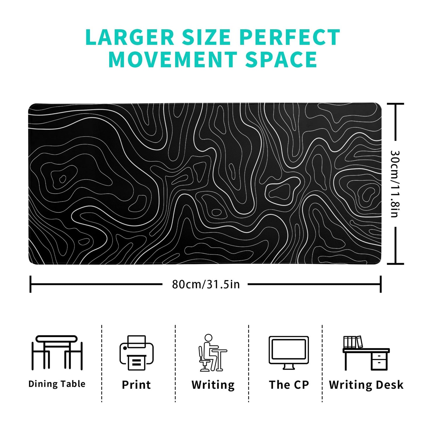 Japanese Gaming Mouse Pad Abstract Black Mouse Pad 31.5x11.8 Inch Black Sea Wave Texture Non-Slip Rubber Base Large Ocean Mousepad Stitched Edges Keyboard Mouse Mat Desk Pad for Office and Home