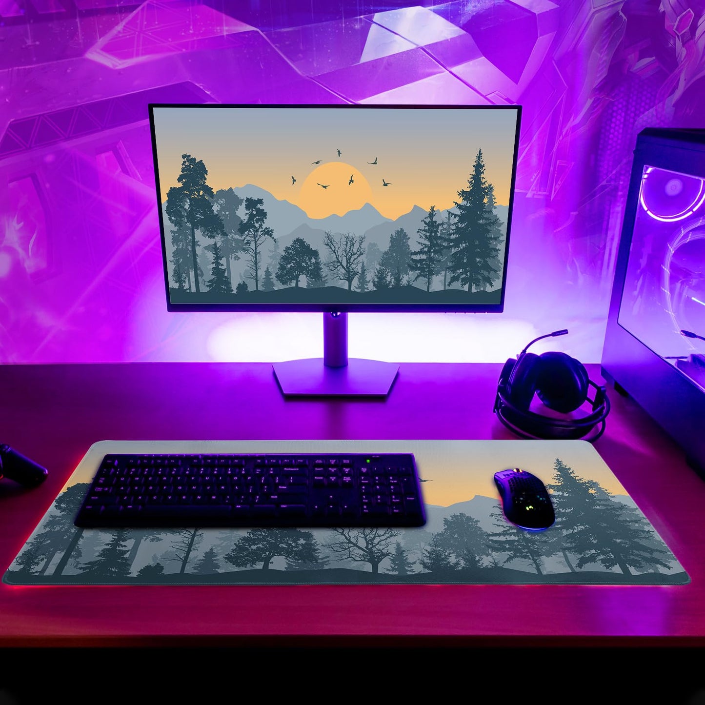 Mountain Gaming Mouse Pad 27.6x11.8 Inch Forest Large Mousepad Extended Grey Mousepad Gaming Non-Slip Rubber Base Stitched Edges Keyboard Mouse Mat Desk Pad for Office Home and Game