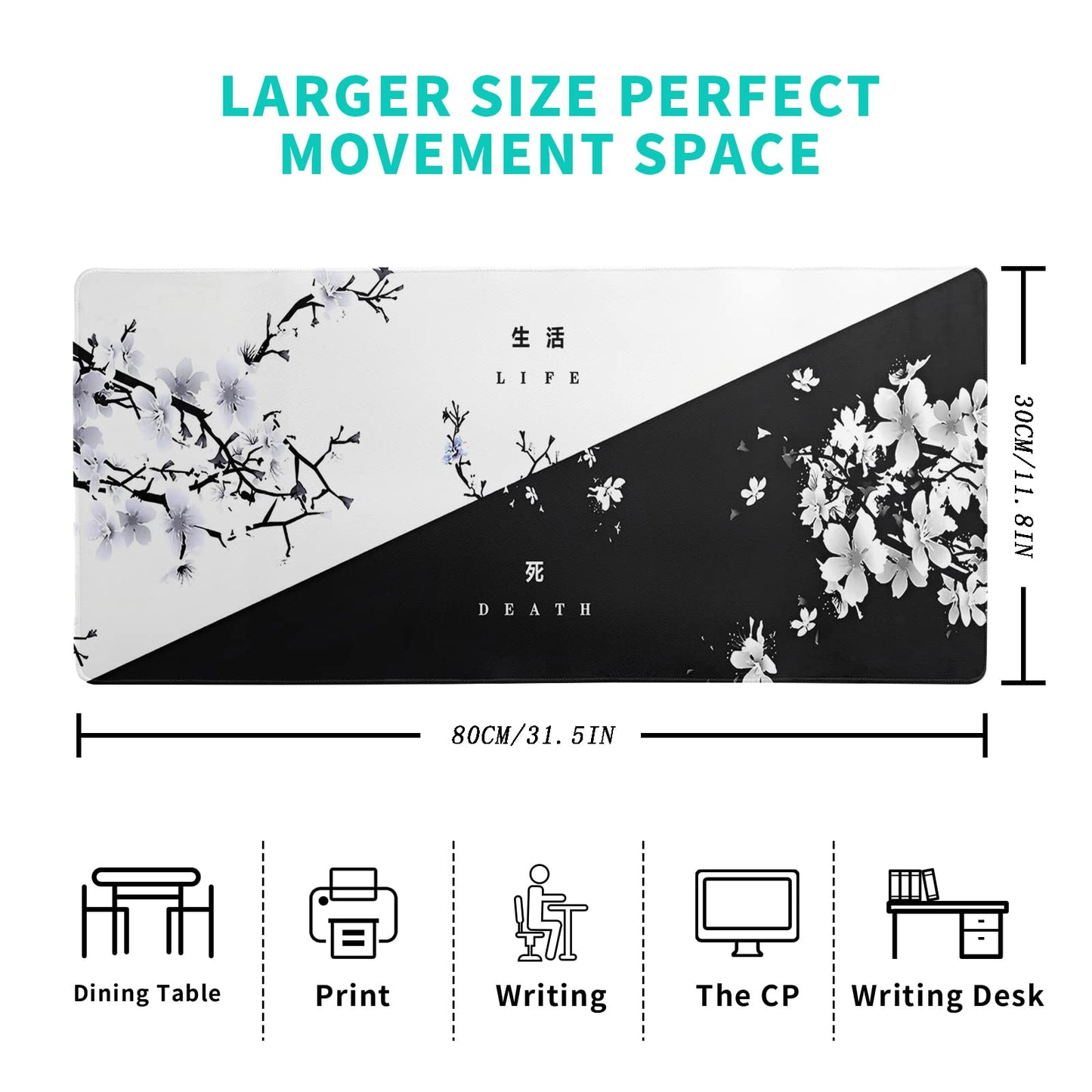 Japanese Gaming Mouse Pad Abstract Black Mouse Pad 31.5x11.8 Inch Black Sea Wave Texture Non-Slip Rubber Base Large Ocean Mousepad Stitched Edges Keyboard Mouse Mat Desk Pad for Office and Home