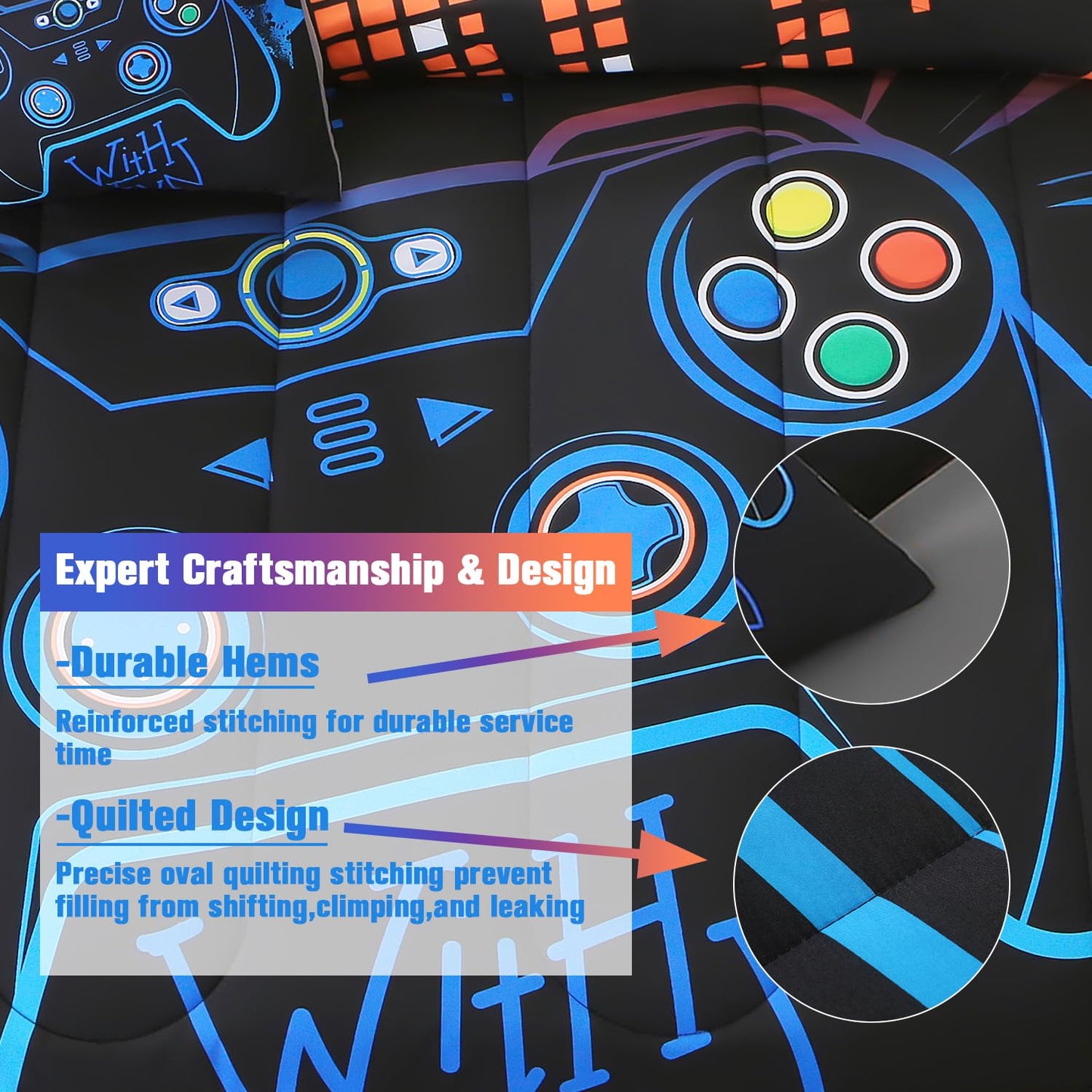JQinHome Full Gamer Comforter Set,6 Piece Bed in A Bag 3D Video Game Bedding -All Season Down Alternative Gamer Bedding Sets - (Blue Game Controller)