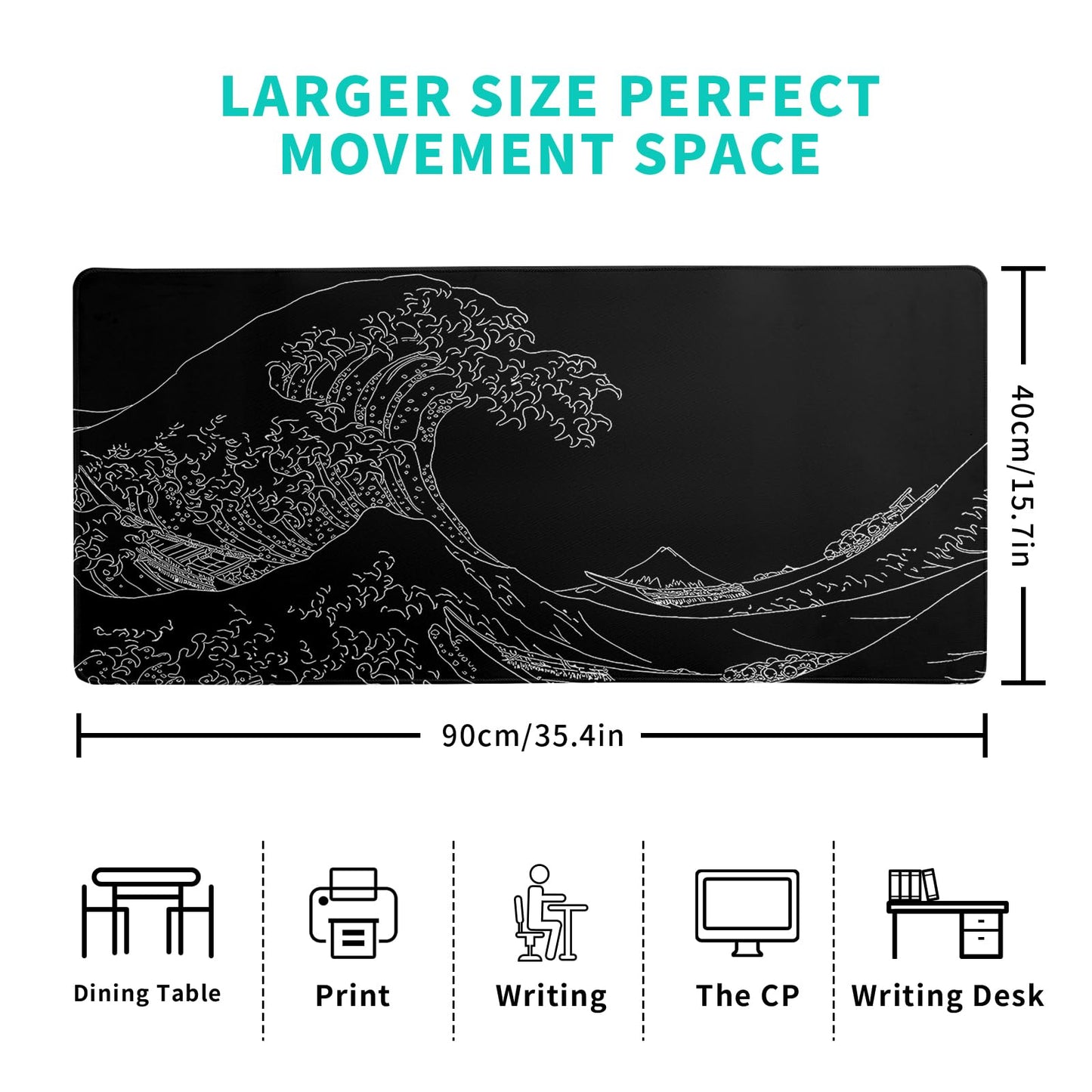 Japanese Gaming Mouse Pad Abstract Black Mouse Pad 31.5x11.8 Inch Black Sea Wave Texture Non-Slip Rubber Base Large Ocean Mousepad Stitched Edges Keyboard Mouse Mat Desk Pad for Office and Home