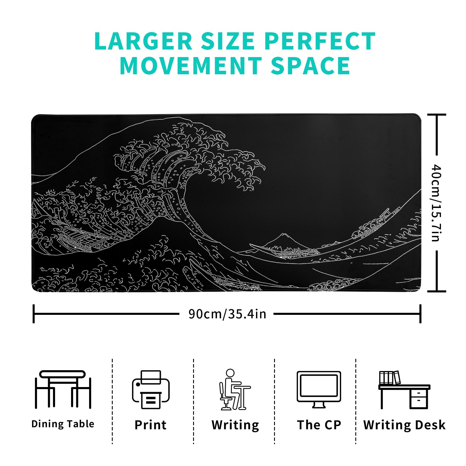 Gaming Mouse Pad – Large Non Slip Mouse Mat with Sea Wave Design, 31.5x11.8 Inch Mousepad
