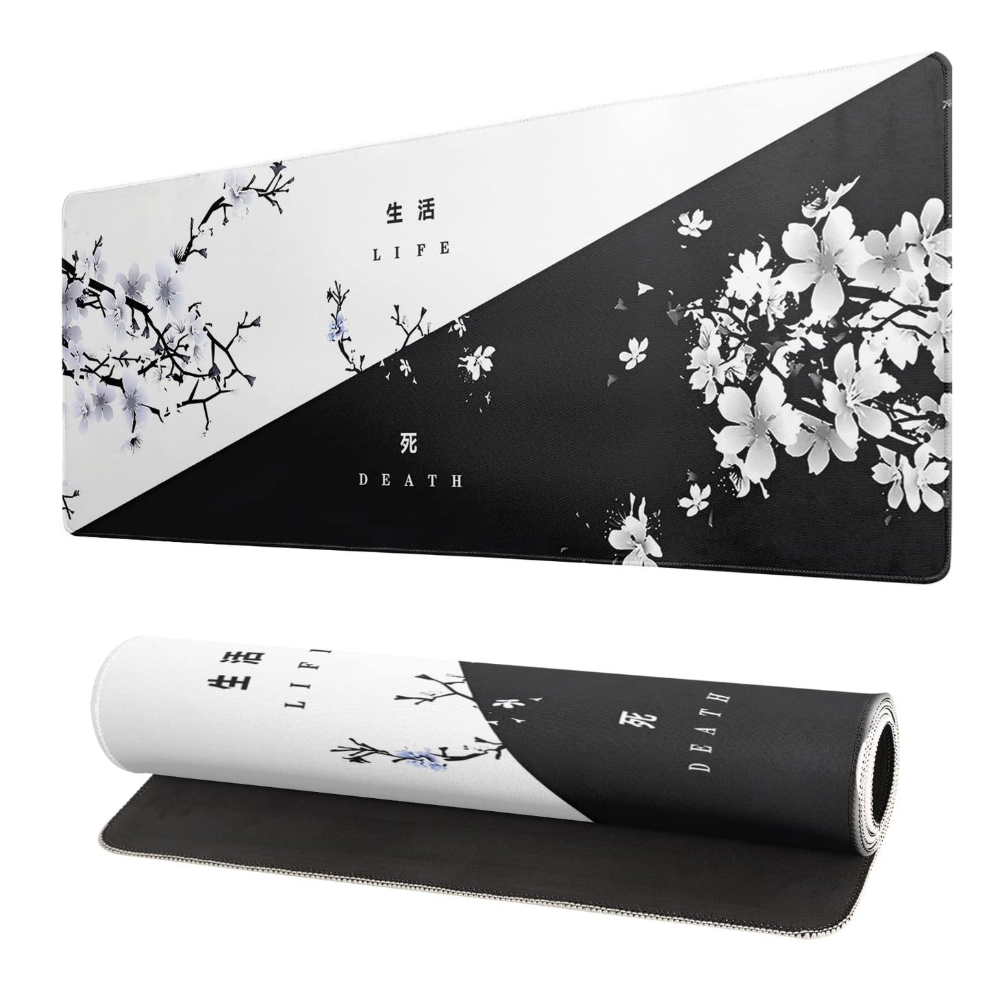 Japanese Gaming Mouse Pad Abstract Black Mouse Pad 31.5x11.8 Inch Black Sea Wave Texture Non-Slip Rubber Base Large Ocean Mousepad Stitched Edges Keyboard Mouse Mat Desk Pad for Office and Home