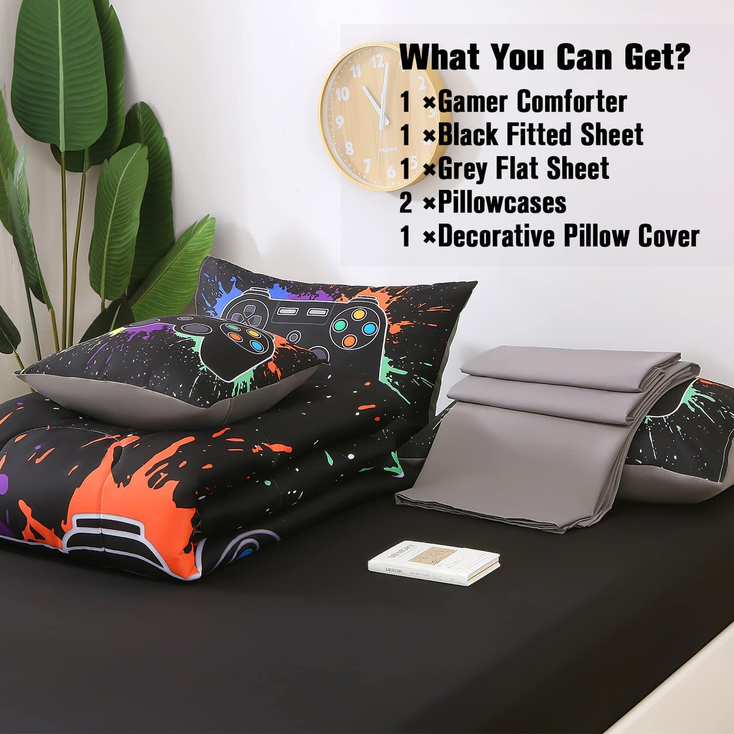 JQinHome Full Gamer Comforter Set,6 Piece Bed in A Bag 3D Video Game Bedding -All Season Down Alternative Gamer Bedding Sets - (Blue Game Controller)