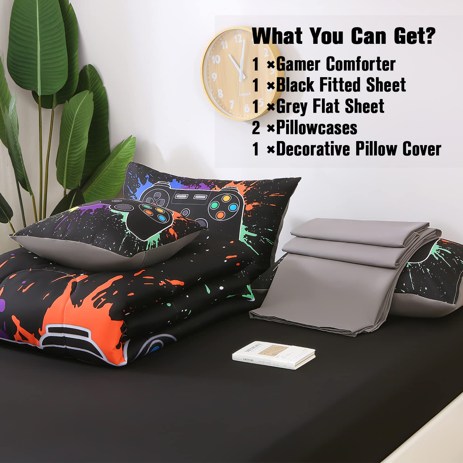 JQinHome Full Gamer Comforter Set,6 Piece Bed in A Bag 3D Video Game Bedding -All Season Down Alternative Gamer Bedding Sets - (Blue Game Controller)