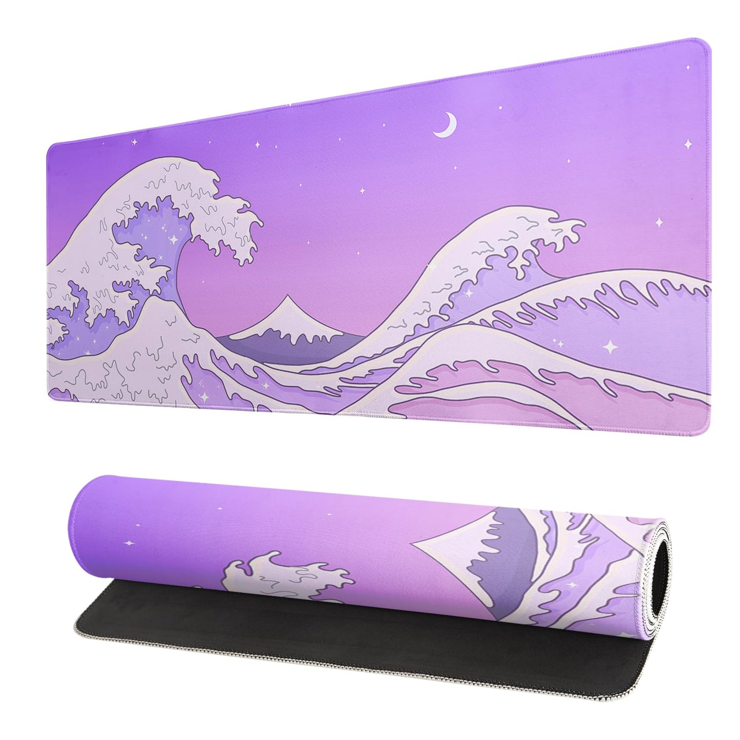 Japanese Gaming Mouse Pad Abstract Black Mouse Pad 31.5x11.8 Inch Black Sea Wave Texture Non-Slip Rubber Base Large Ocean Mousepad Stitched Edges Keyboard Mouse Mat Desk Pad for Office and Home