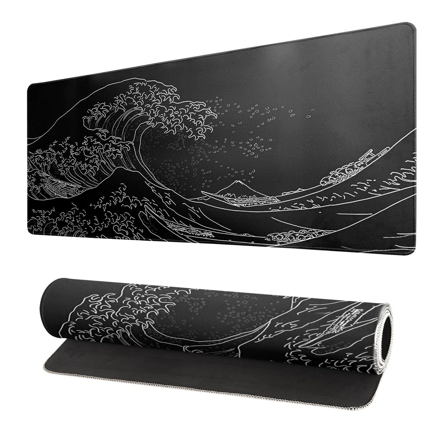 Japanese Gaming Mouse Pad Abstract Black Mouse Pad 31.5x11.8 Inch Black Sea Wave Texture Non-Slip Rubber Base Large Ocean Mousepad Stitched Edges Keyboard Mouse Mat Desk Pad for Office and Home