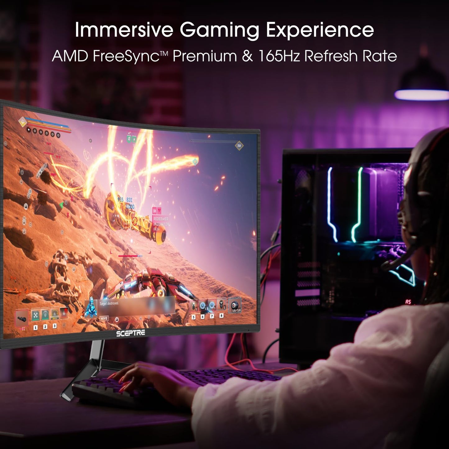 Sceptre Curved 24 - inch Gaming Monitor 1080p R1500 98% sRGB HDMI x2 VGA Build - in Speakers, VESA Wall Mount Machine Black (C248W - 1920RN Series) - Gapo Goods -