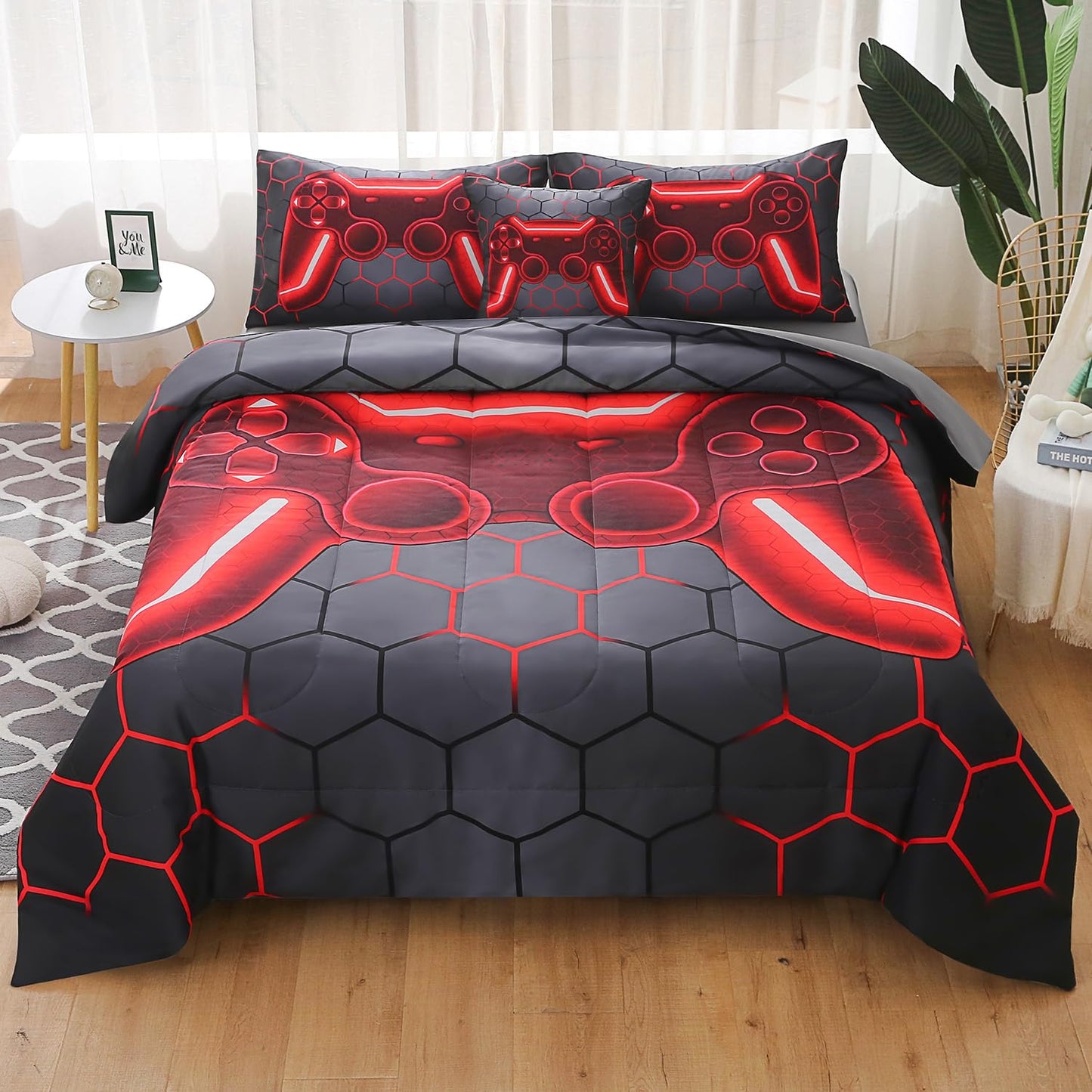 JQinHome Full Gamer Comforter Set,6 Piece Bed in A Bag 3D Video Game Bedding -All Season Down Alternative Gamer Bedding Sets - (Blue Game Controller)
