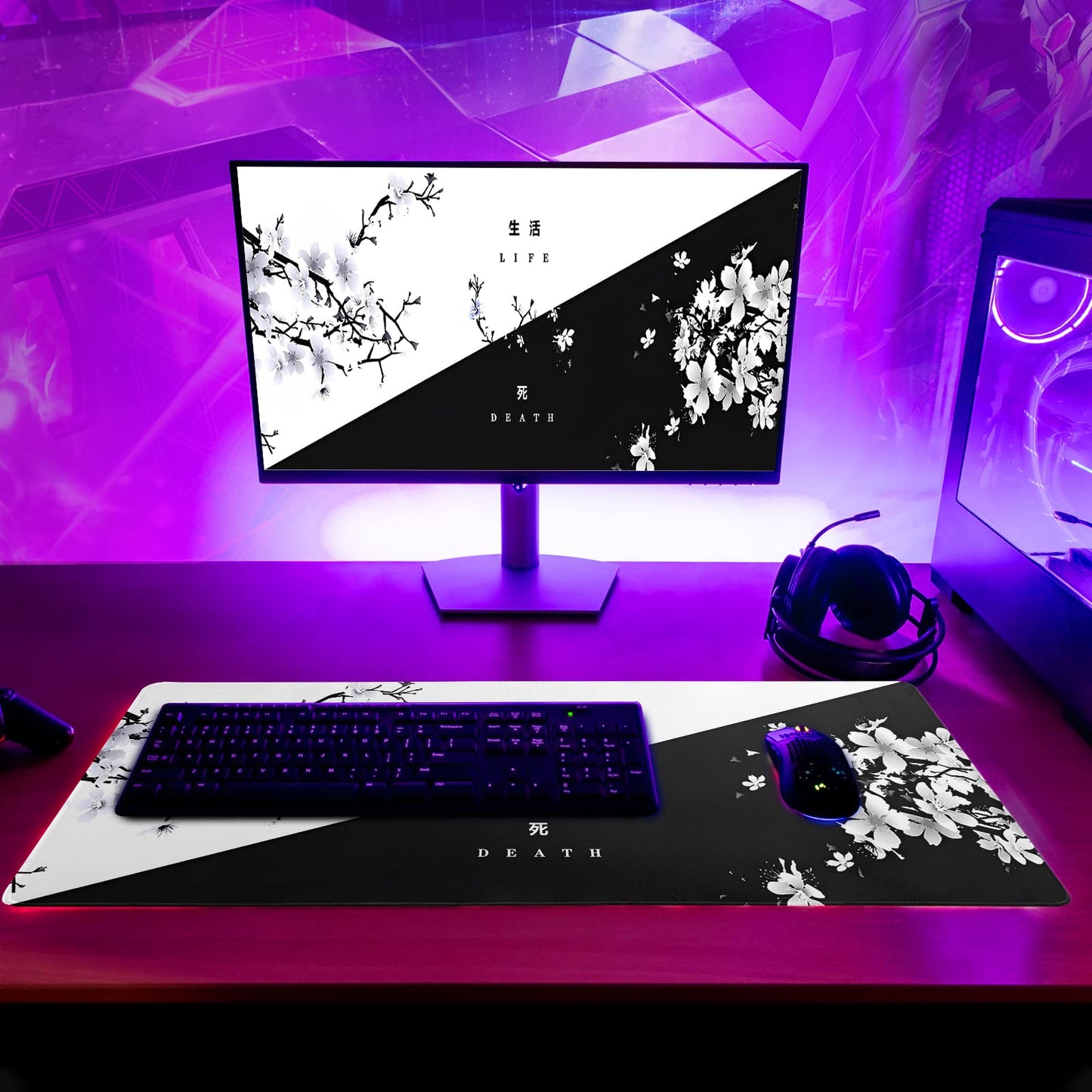 Japanese Gaming Mouse Pad Abstract Black Mouse Pad 31.5x11.8 Inch Black Sea Wave Texture Non-Slip Rubber Base Large Ocean Mousepad Stitched Edges Keyboard Mouse Mat Desk Pad for Office and Home