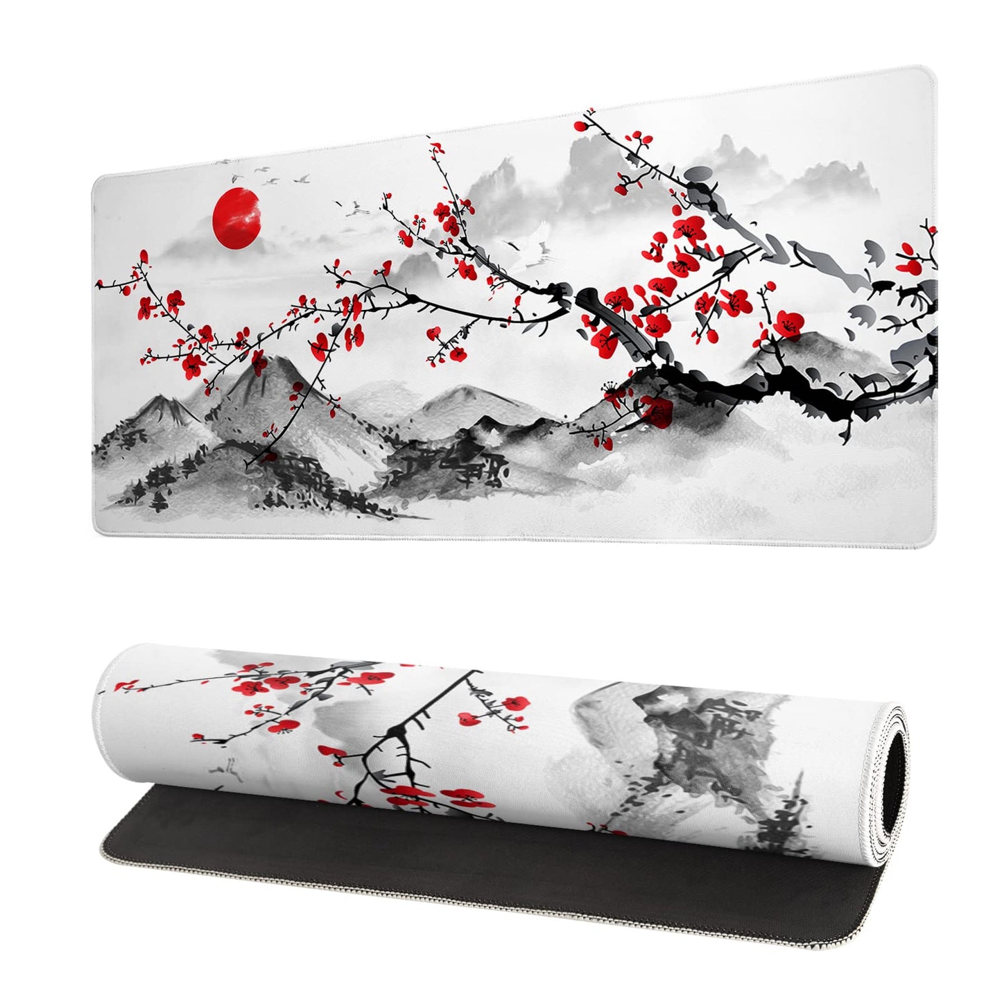 Mountain Gaming Mouse Pad 27.6x11.8 Inch Forest Large Mousepad Extended Grey Mousepad Gaming Non-Slip Rubber Base Stitched Edges Keyboard Mouse Mat Desk Pad for Office Home and Game Cherry Blossom