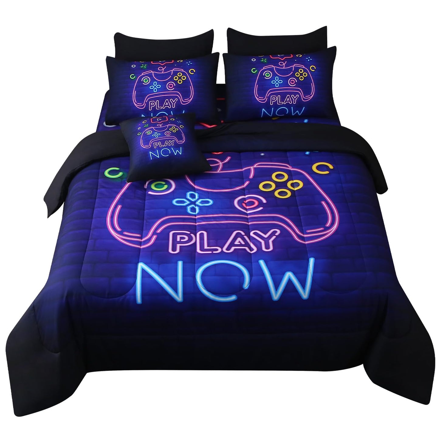 JQinHome Full Gamer Comforter Set,6 Piece Bed in A Bag 3D Video Game Bedding -All Season Down Alternative Gamer Bedding Sets - (Blue Game Controller)