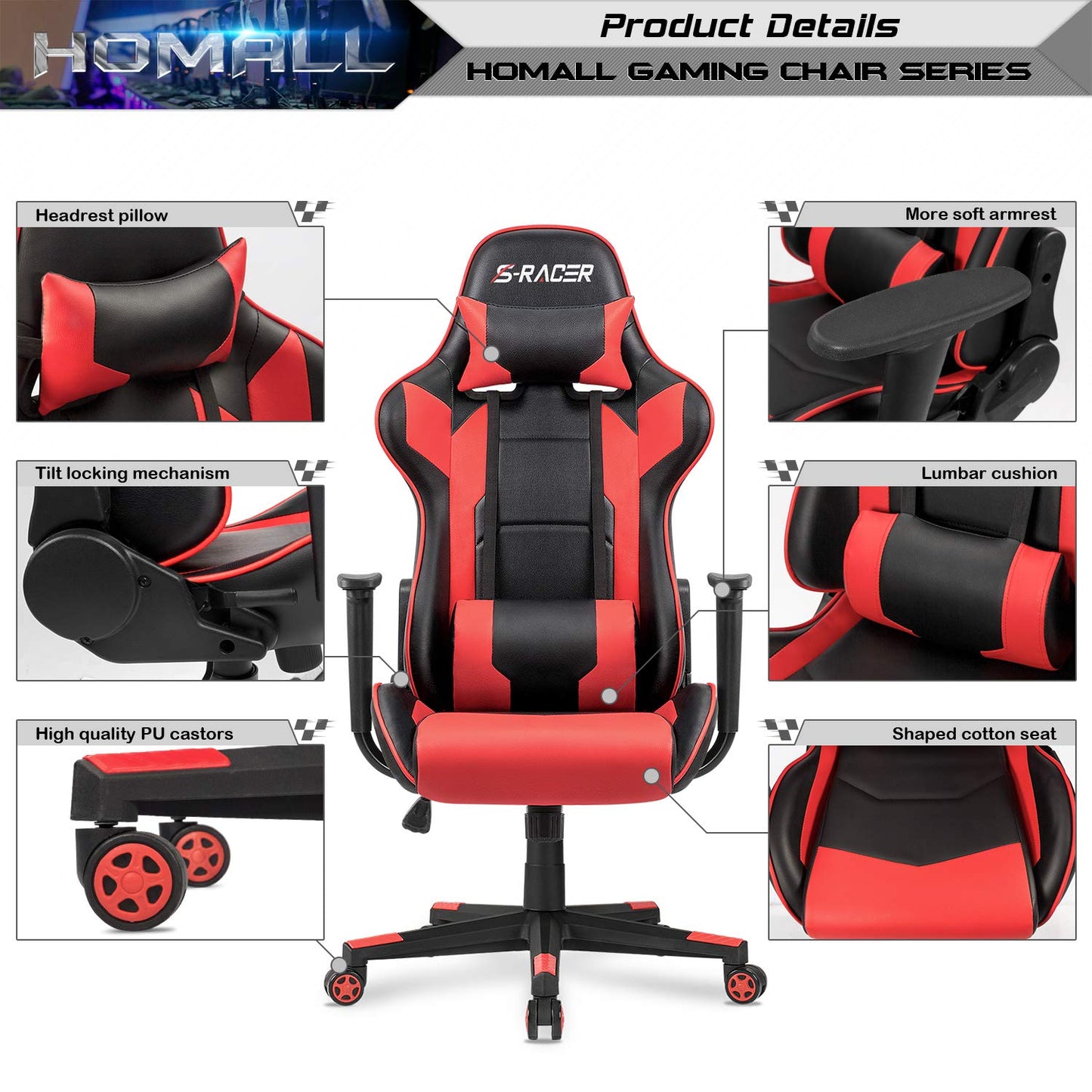 Homall Gaming Chair, Office Chair High Back Computer Chair Leather Desk Chair Racing Executive Ergonomic Adjustable Swivel Task Chair with Headrest and Lumbar Support (White) - Gapo Goods -