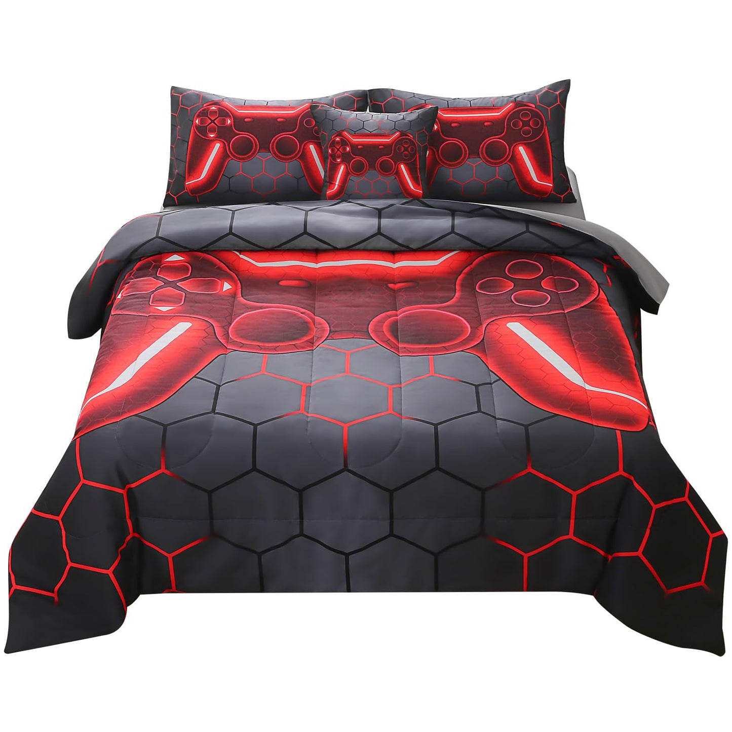 JQinHome Full Gamer Comforter Set,6 Piece Bed in A Bag 3D Video Game Bedding -All Season Down Alternative Gamer Bedding Sets - (Blue Game Controller)