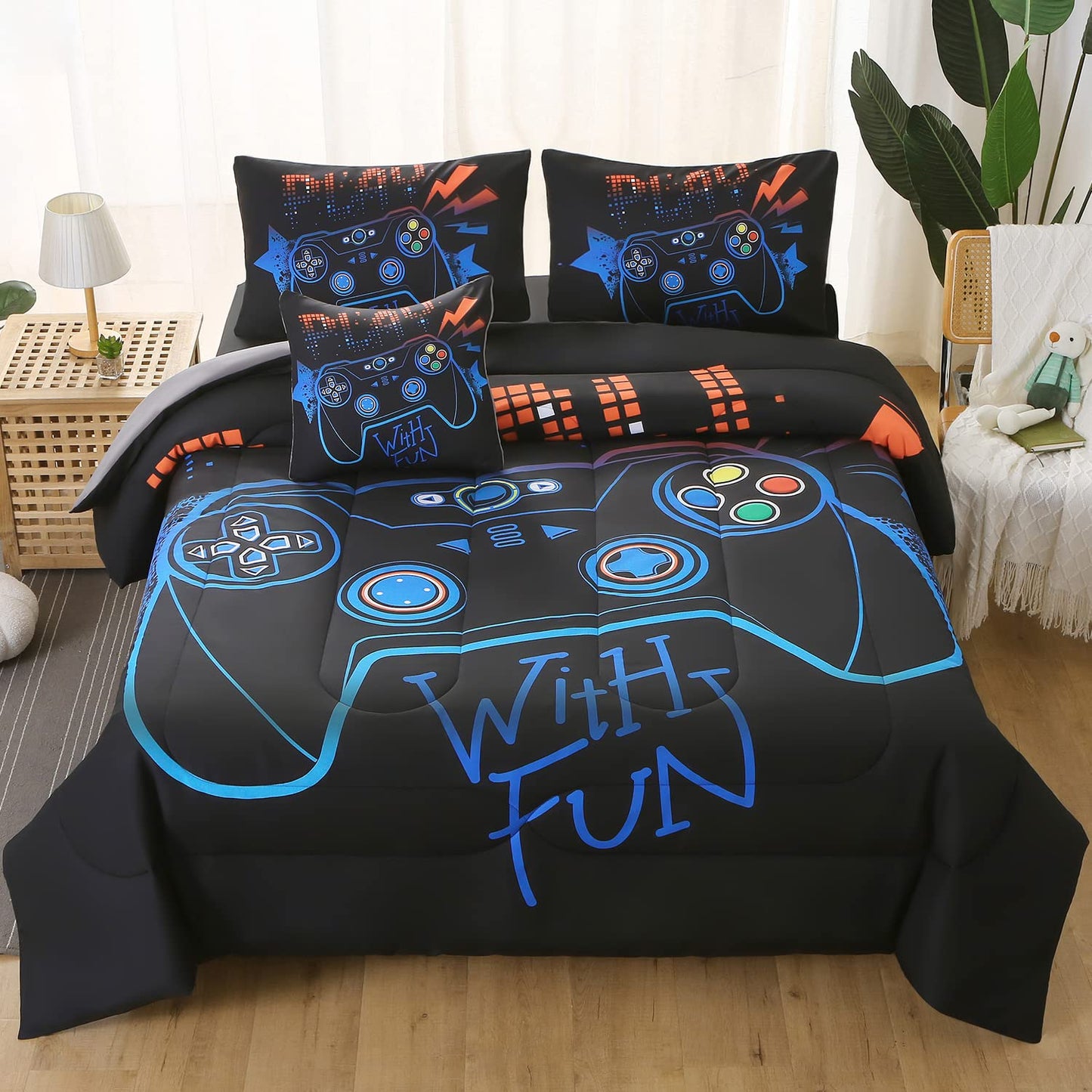 JQinHome Full Gamer Comforter Set,6 Piece Bed in A Bag 3D Video Game Bedding -All Season Down Alternative Gamer Bedding Sets - (Blue Game Controller)