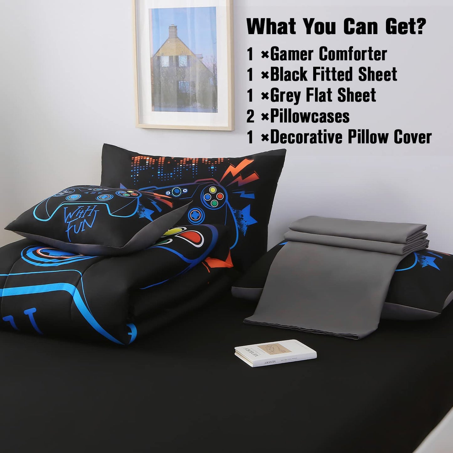 JQinHome Full Gamer Comforter Set,6 Piece Bed in A Bag 3D Video Game Bedding -All Season Down Alternative Gamer Bedding Sets - (Blue Game Controller)