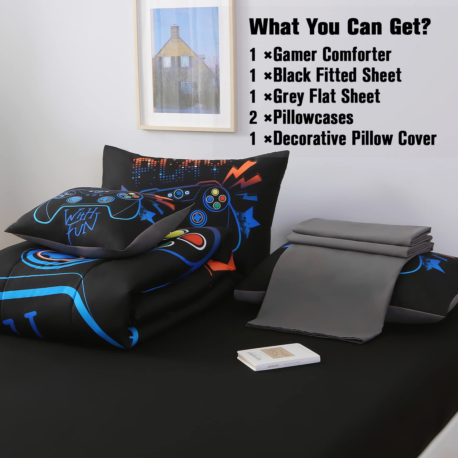 JQinHome Full Gamer Comforter Set,6 Piece Bed in A Bag 3D Video Game Bedding -All Season Down Alternative Gamer Bedding Sets - (Blue Game Controller)