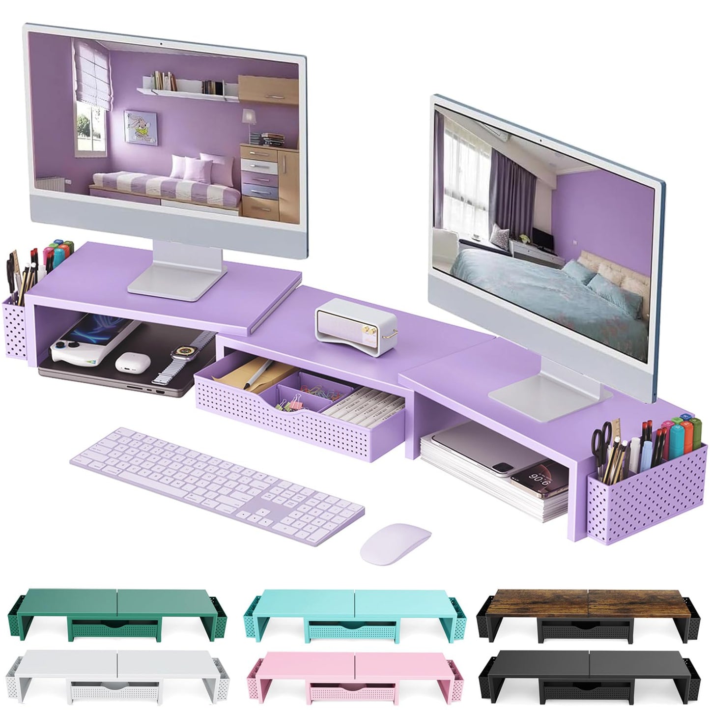 gianotter Dual Monitor Stand Riser With Drawer and 2 Pen Holders | Computer Monitor Stand Desk Organizer and Accessories Desk Shelf for Top of Desk (Green)