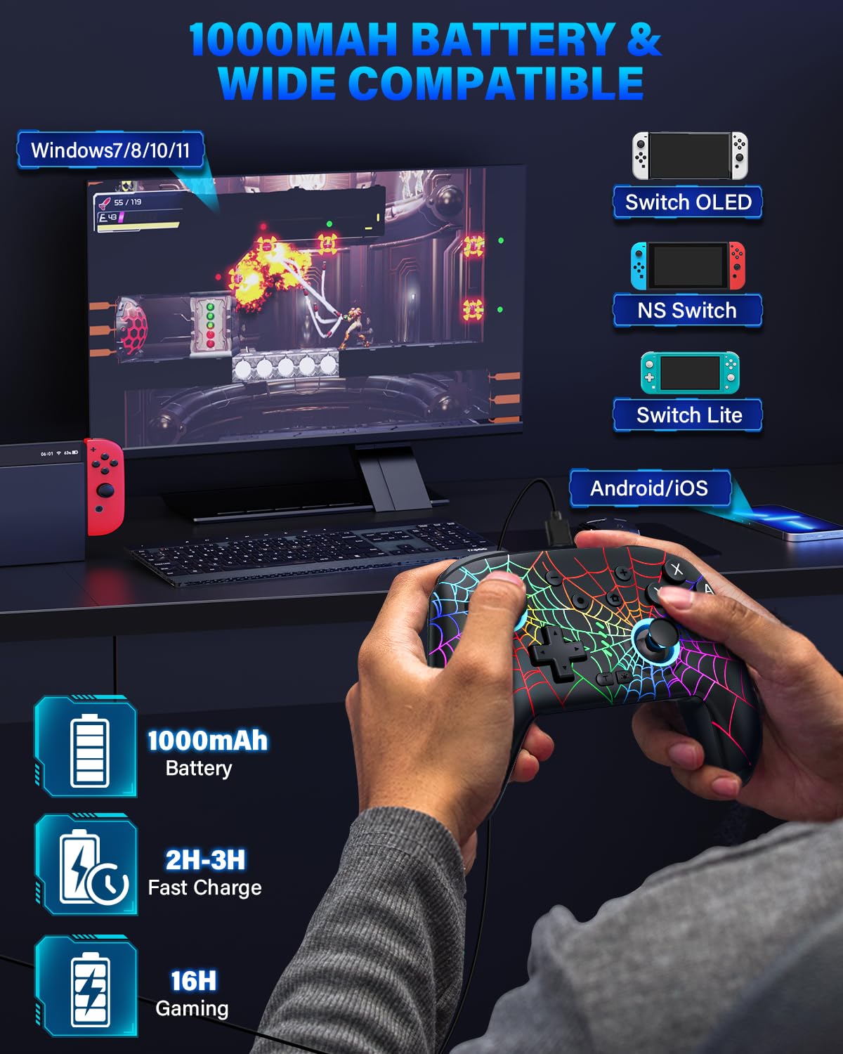Wireless Switch Controller - Rechargeable Pro Gamepad with RGB Light & Gyro Gaming Accessories