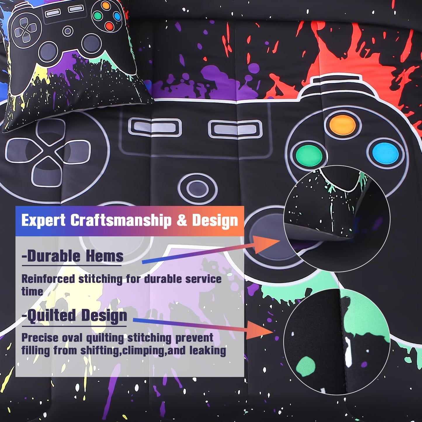 JQinHome Full Gamer Comforter Set,6 Piece Bed in A Bag 3D Video Game Bedding -All Season Down Alternative Gamer Bedding Sets - (Blue Game Controller)