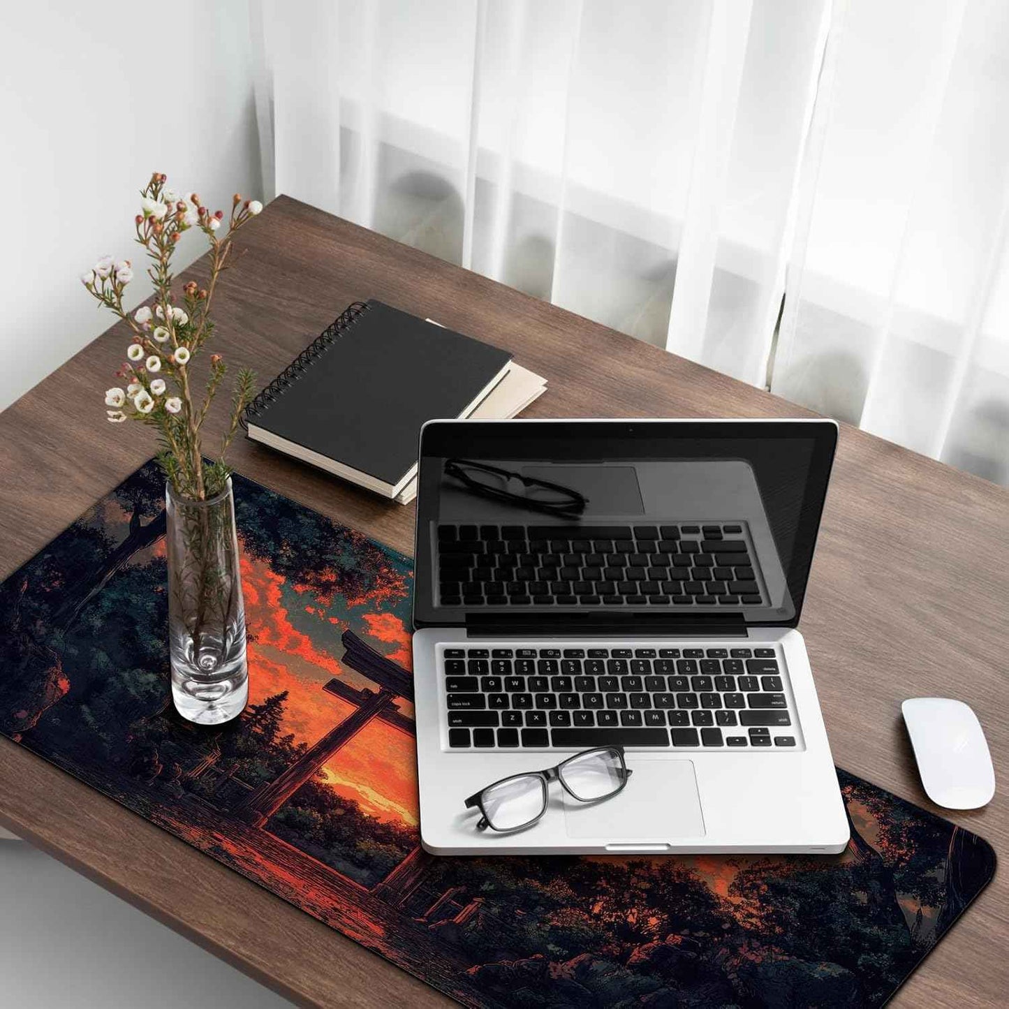 Japanese Forest Full Moon Gaming Mouse Pad with Non-Slip Rubber Base, Large Anime Mousepad with Stitched Edges, Long Keyboard Mat for Home and Office, 31.5 x 11.8 inches