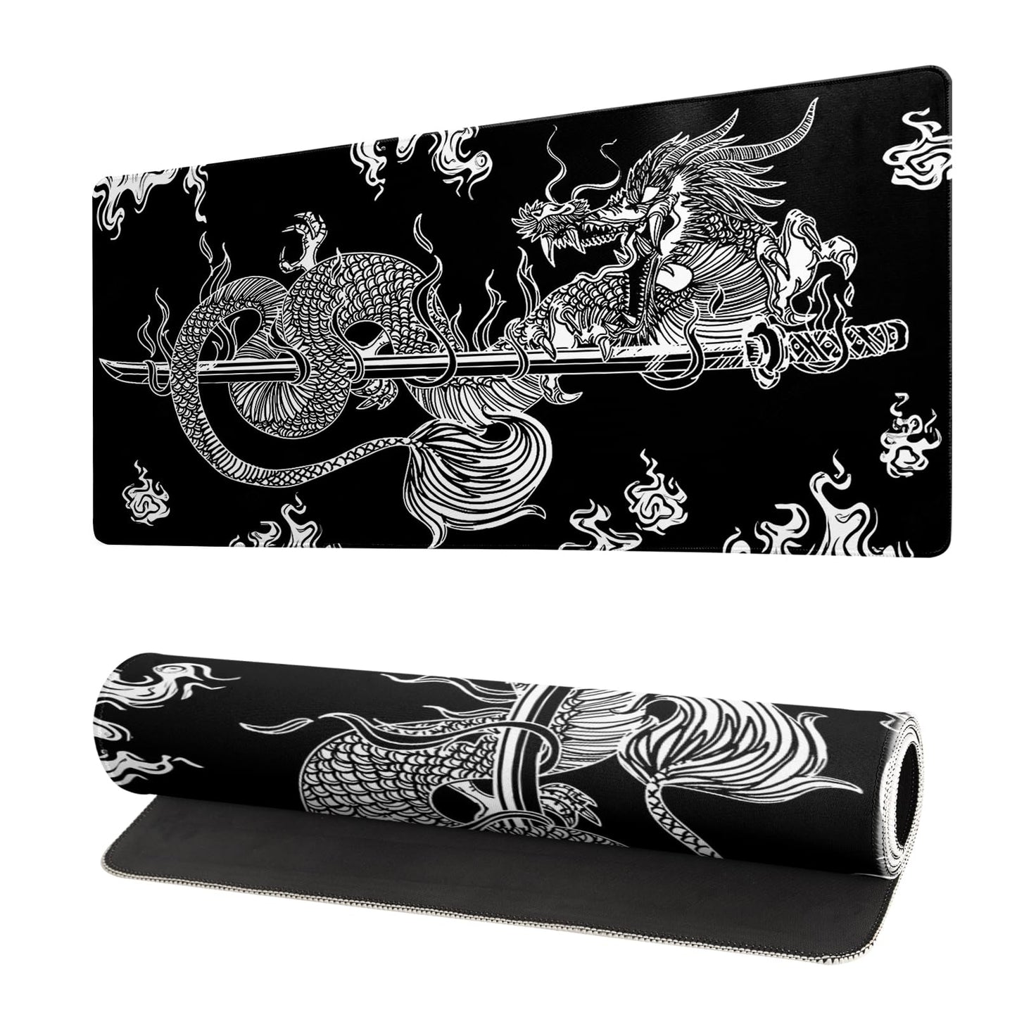 Mountain Gaming Mouse Pad 27.6x11.8 Inch Forest Large Mousepad Extended Grey Mousepad Gaming Non-Slip Rubber Base Stitched Edges Keyboard Mouse Mat Desk Pad for Office Home and Game Dragon