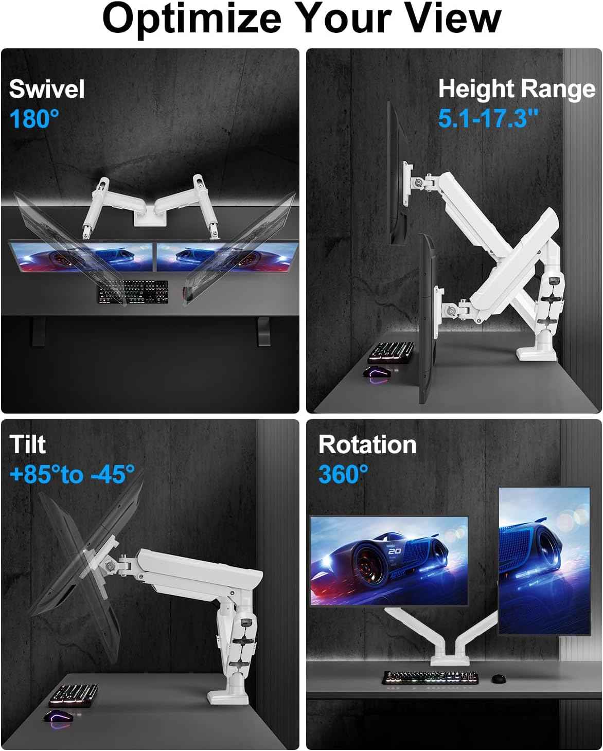Dual Monitor Arm Fits 17 to 32 Inch Computer Screen, 22lbs per Arm, Full Motion Monitor Desk Mounts for 2 Monitors, Gas Spring Desk Mount, VESA Mount White, Freelift Pro