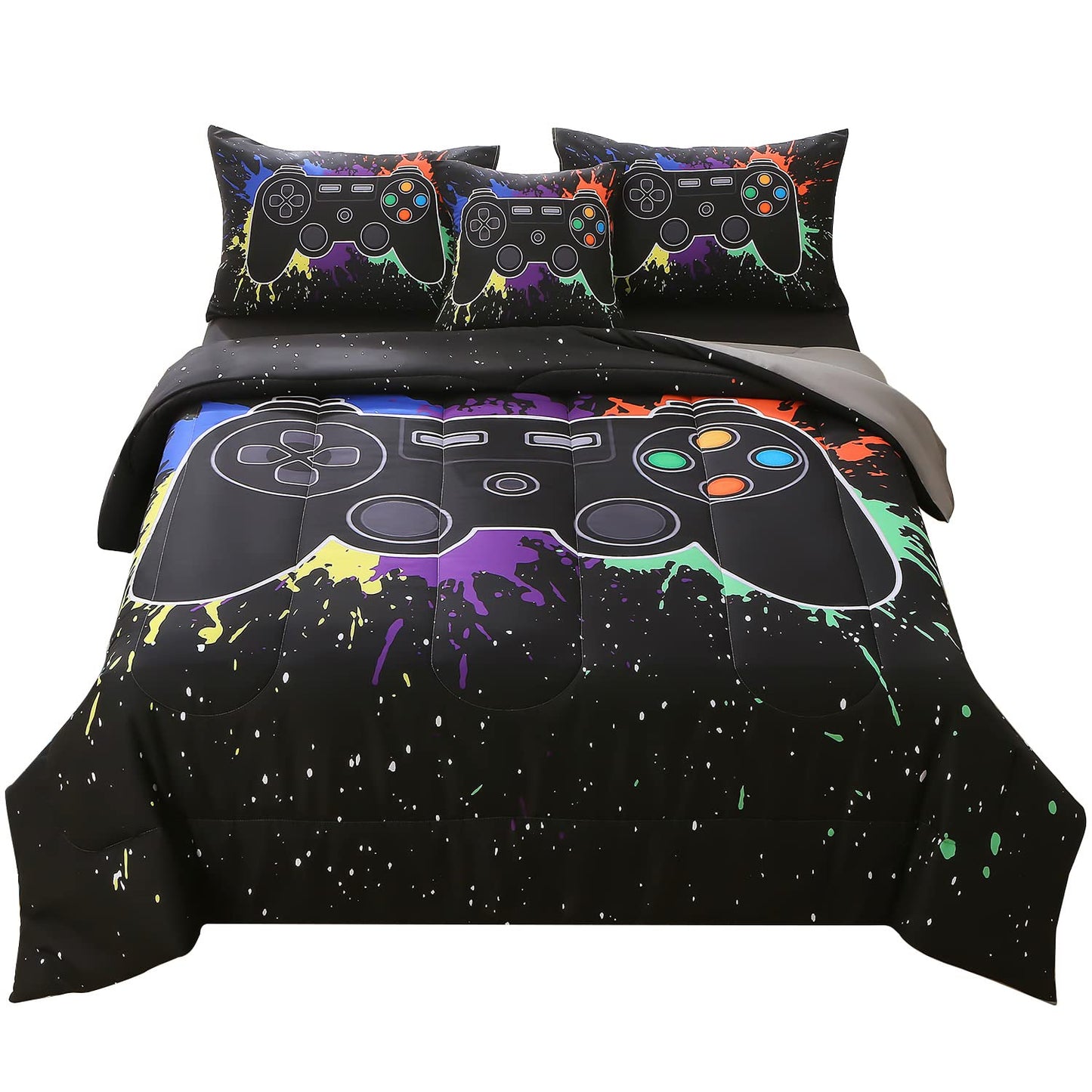 JQinHome Full Gamer Comforter Set,6 Piece Bed in A Bag 3D Video Game Bedding -All Season Down Alternative Gamer Bedding Sets - (Blue Game Controller)