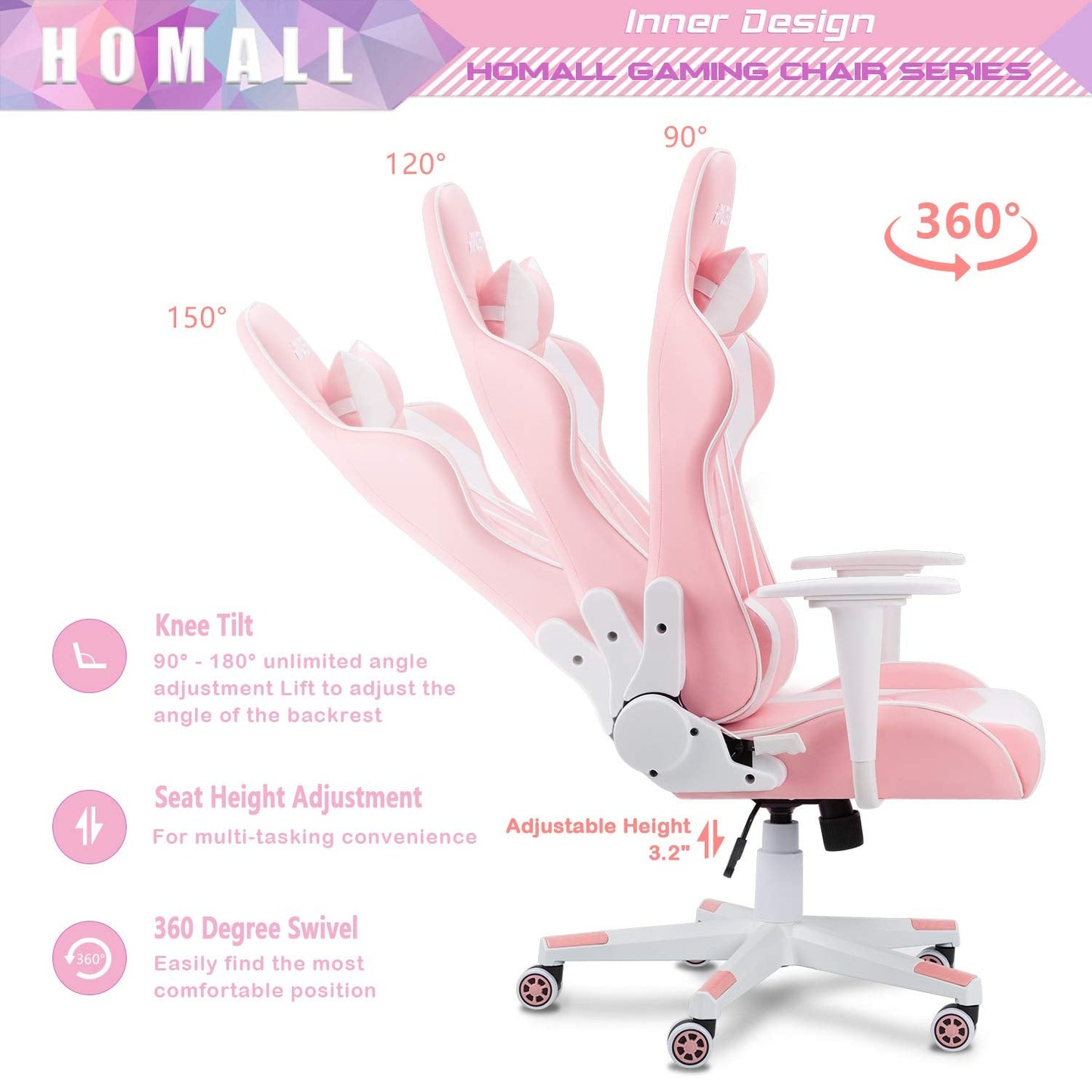 Homall Gaming Chair, Office Chair High Back Computer Chair Leather Desk Chair Racing Executive Ergonomic Adjustable Swivel Task Chair with Headrest and Lumbar Support (White) - Gapo Goods -