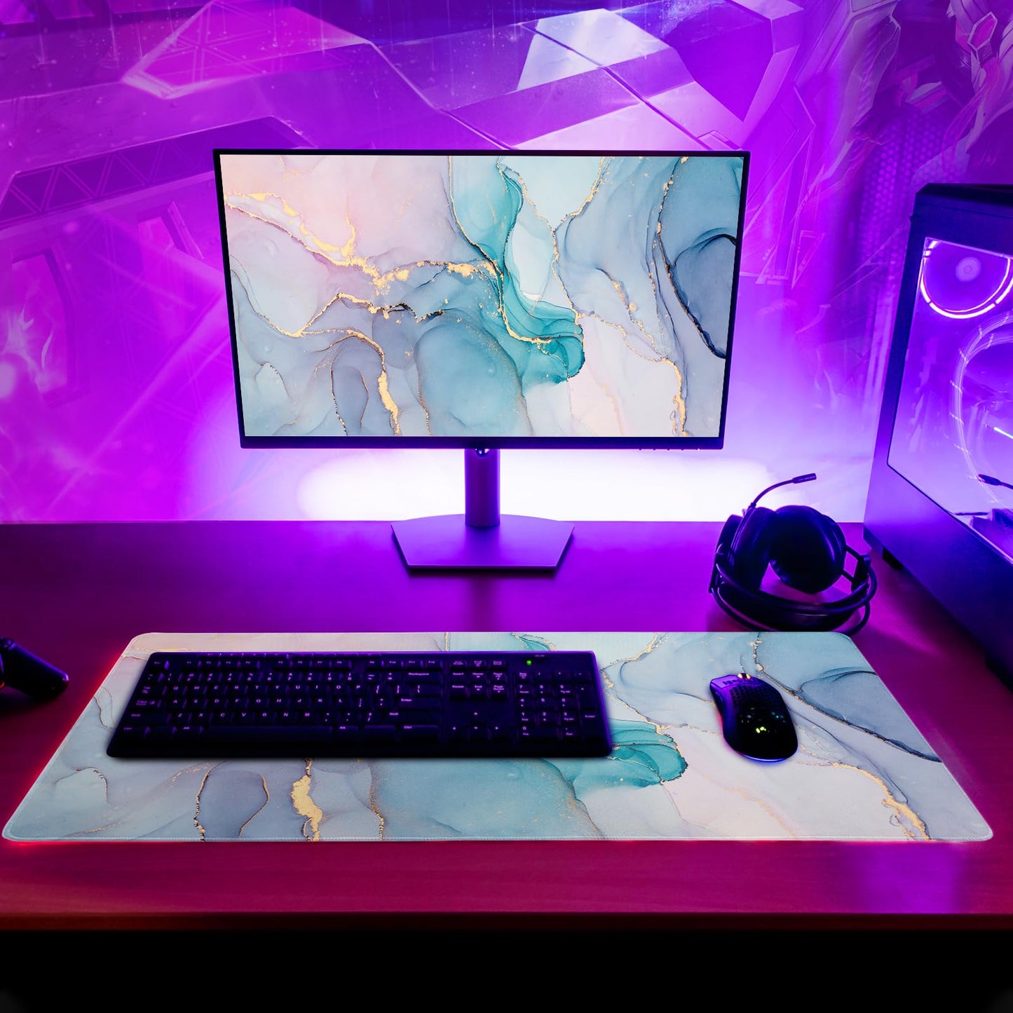Japanese Gaming Mouse Pad Abstract Black Mouse Pad 31.5x11.8 Inch Black Sea Wave Texture Non-Slip Rubber Base Large Ocean Mousepad Stitched Edges Keyboard Mouse Mat Desk Pad for Office and Home