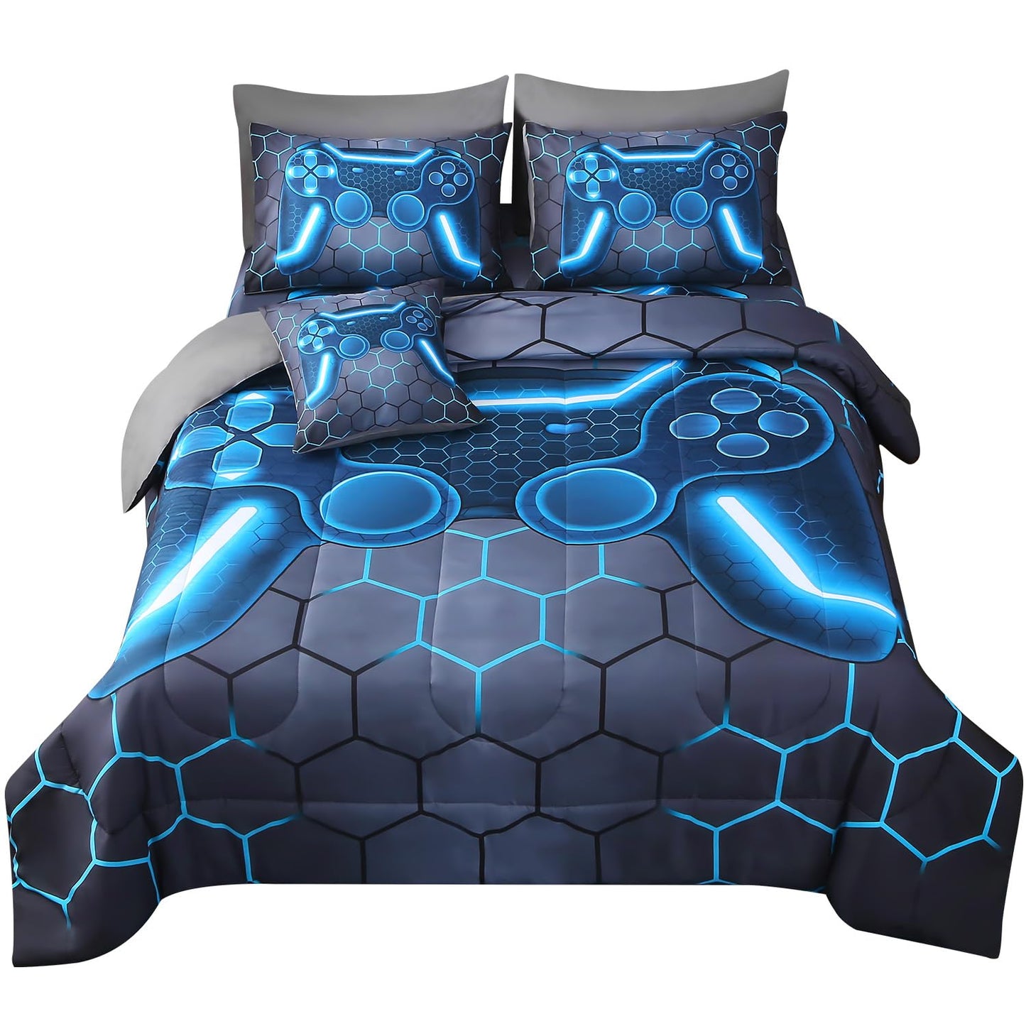 JQinHome Full Gamer Comforter Set,6 Piece Bed in A Bag 3D Video Game Bedding -All Season Down Alternative Gamer Bedding Sets - (Blue Game Controller)