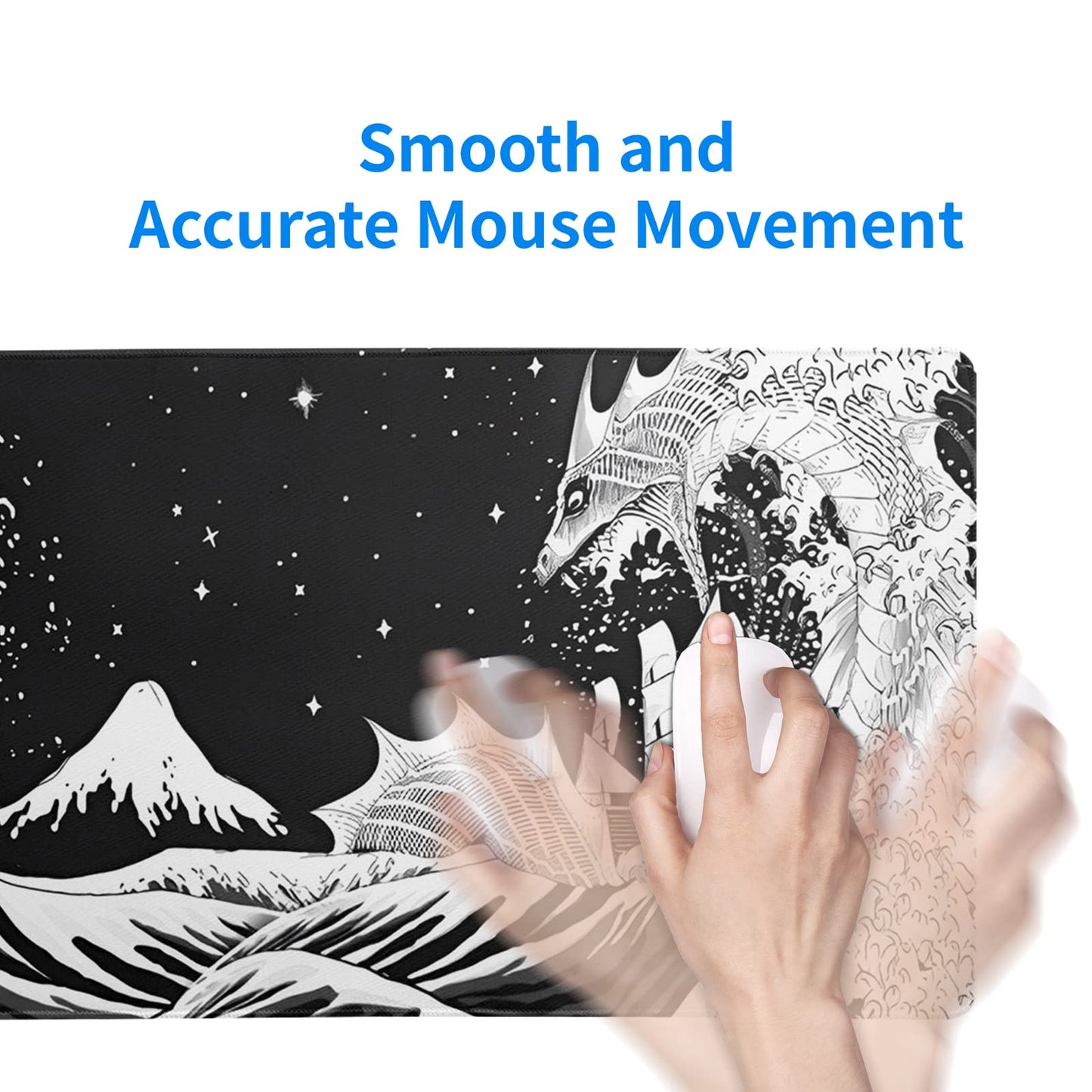 Japanese Gaming Mouse Pad Abstract Black Mouse Pad 31.5x11.8 Inch Black Sea Wave Texture Non-Slip Rubber Base Large Ocean Mousepad Stitched Edges Keyboard Mouse Mat Desk Pad for Office and Home