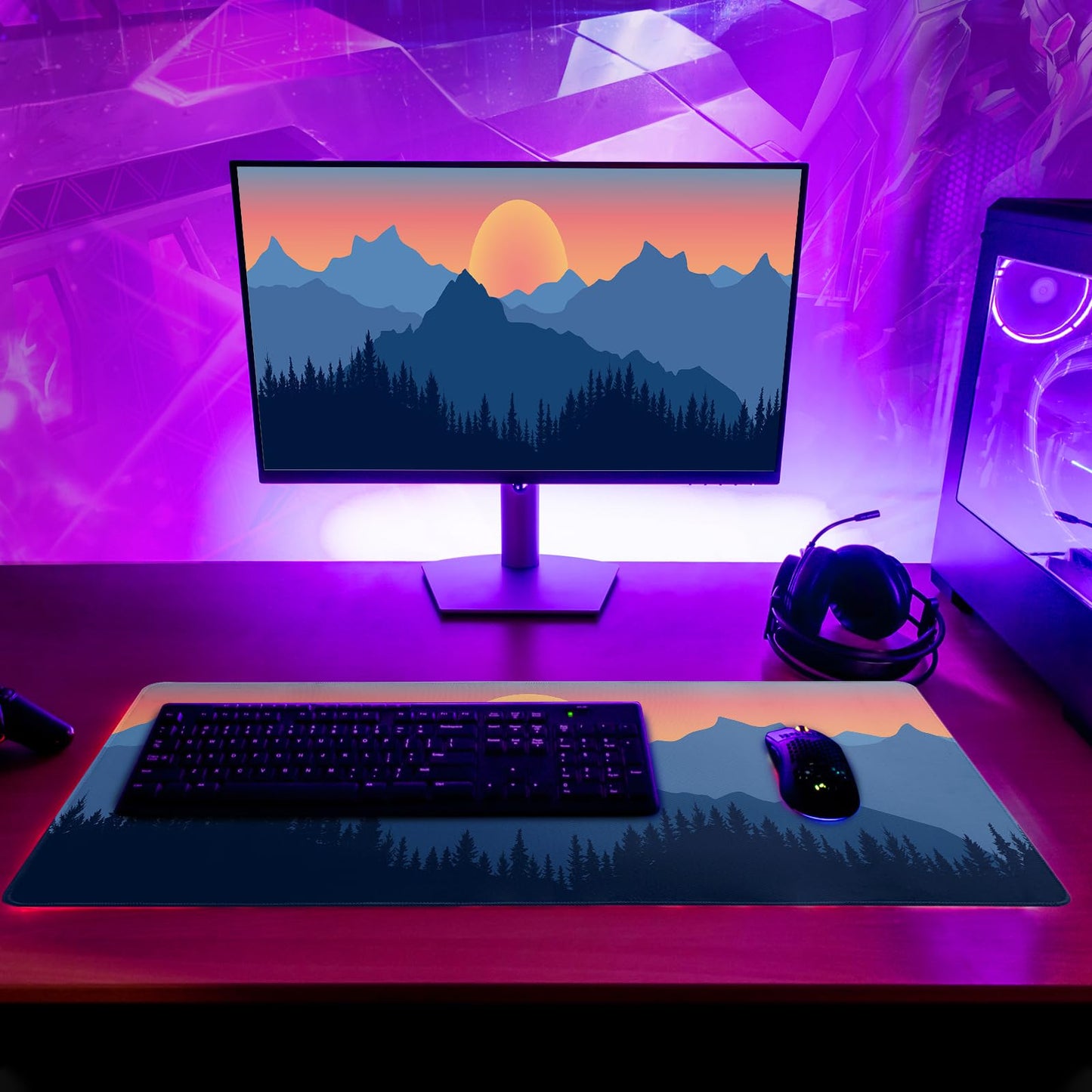 Mountain Gaming Mouse Pad 27.6x11.8 Inch Forest Large Mousepad Extended Grey Mousepad Gaming Non-Slip Rubber Base Stitched Edges Keyboard Mouse Mat Desk Pad for Office Home and Game