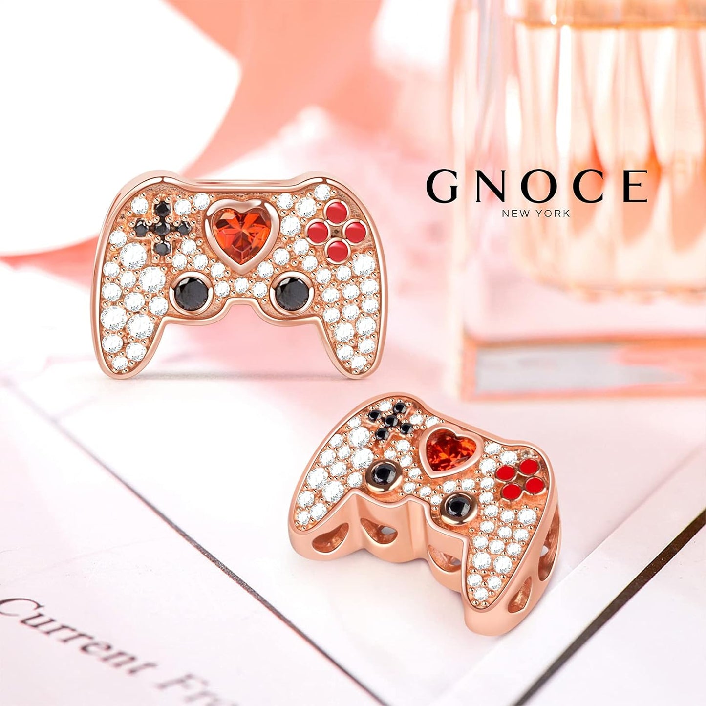 GNOCE Gamepad Charm Bead Sterling Silver Game Player Rose Gold Charms with CZs fit Bracelet/Necklace Jewery Gift for Women