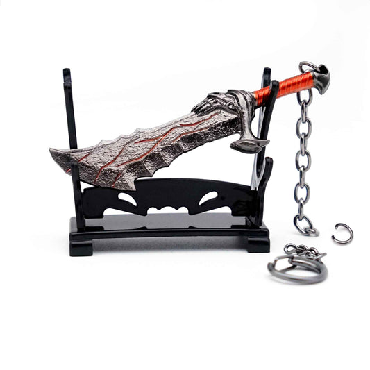 Mini Sword Keychain – Tiny Blades of Chaos Weapon Pendant with Stand for Men Collectible