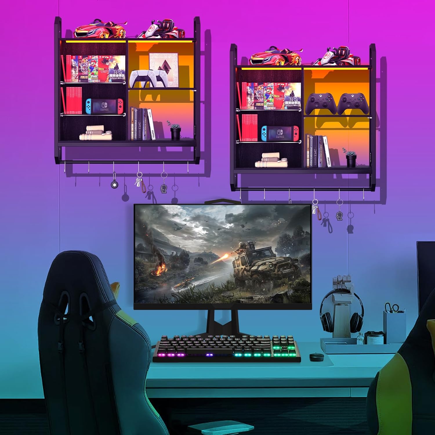 LED Floating Wall Shelf – Adjustable Glass Shelves, Hooks & RGB Lighting for Game Room Home Decor