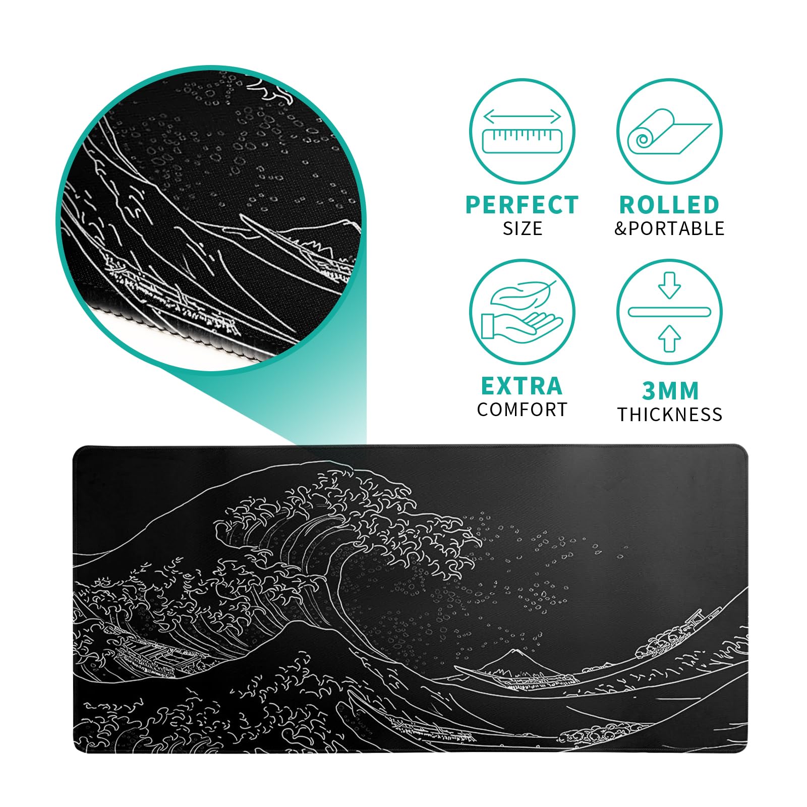Gaming Mouse Pad – Large Non Slip Mouse Mat with Sea Wave Design, 31.5x11.8 Inch Mousepad