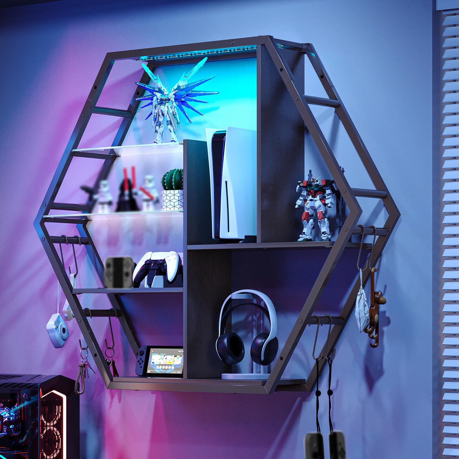 Floating Shelves With Lights – RGB Light Shelves, Honeycomb Hexagonal Design, Sturdy Storage Home Decor