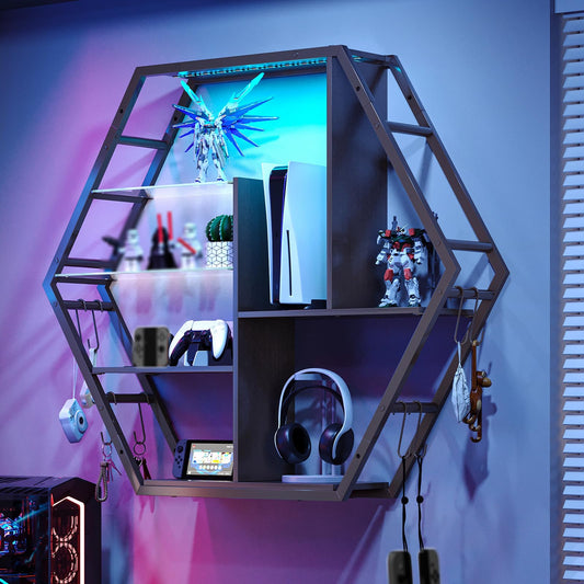 Floating Shelves With Lights – RGB Light Shelves, Honeycomb Hexagonal Design, Sturdy Storage Home Decor