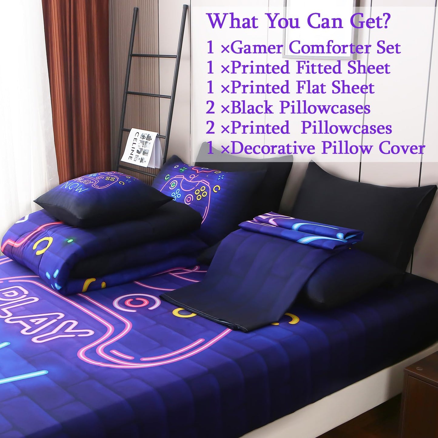 JQinHome Full Gamer Comforter Set,6 Piece Bed in A Bag 3D Video Game Bedding -All Season Down Alternative Gamer Bedding Sets - (Blue Game Controller)
