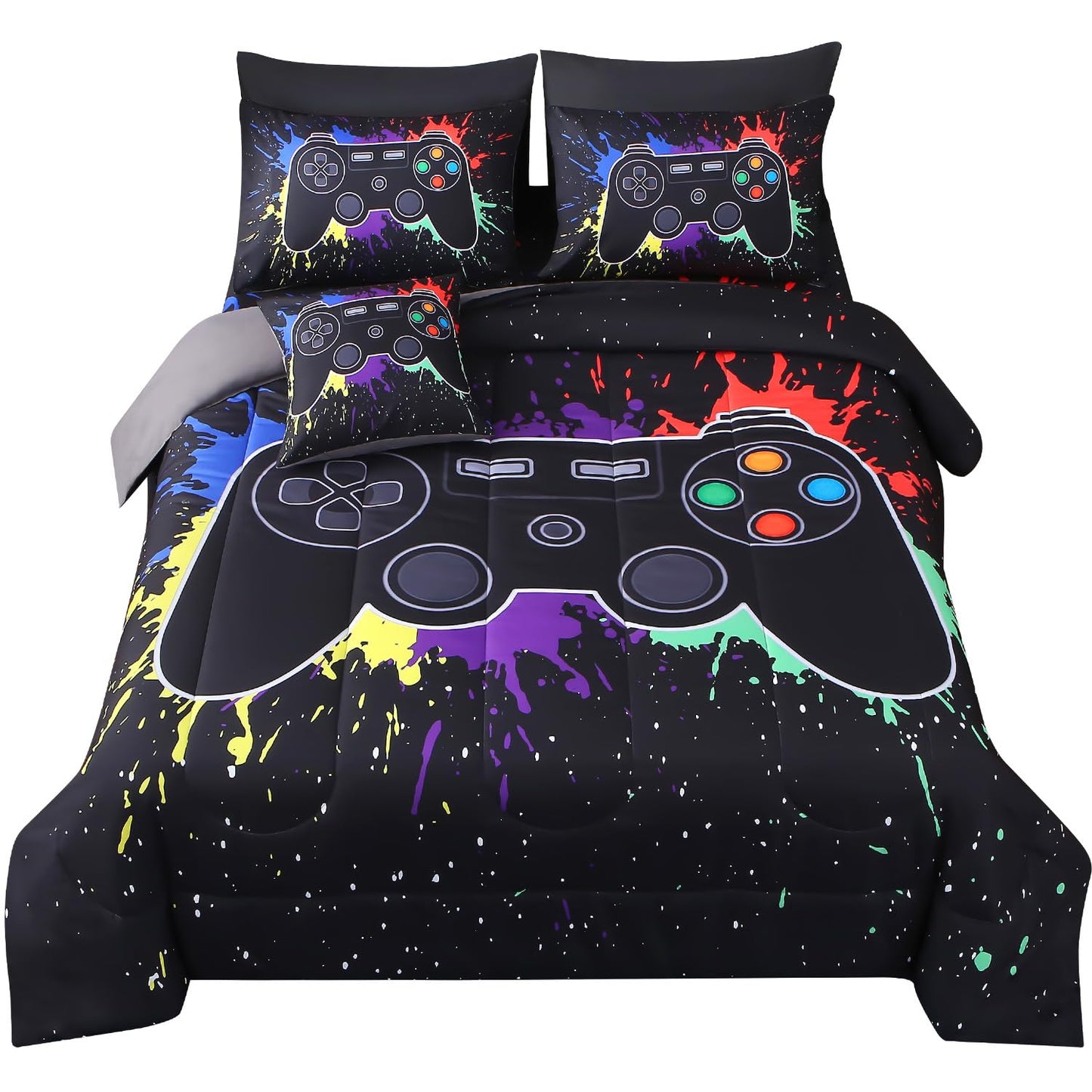 JQinHome Full Gamer Comforter Set,6 Piece Bed in A Bag 3D Video Game Bedding -All Season Down Alternative Gamer Bedding Sets - (Blue Game Controller)