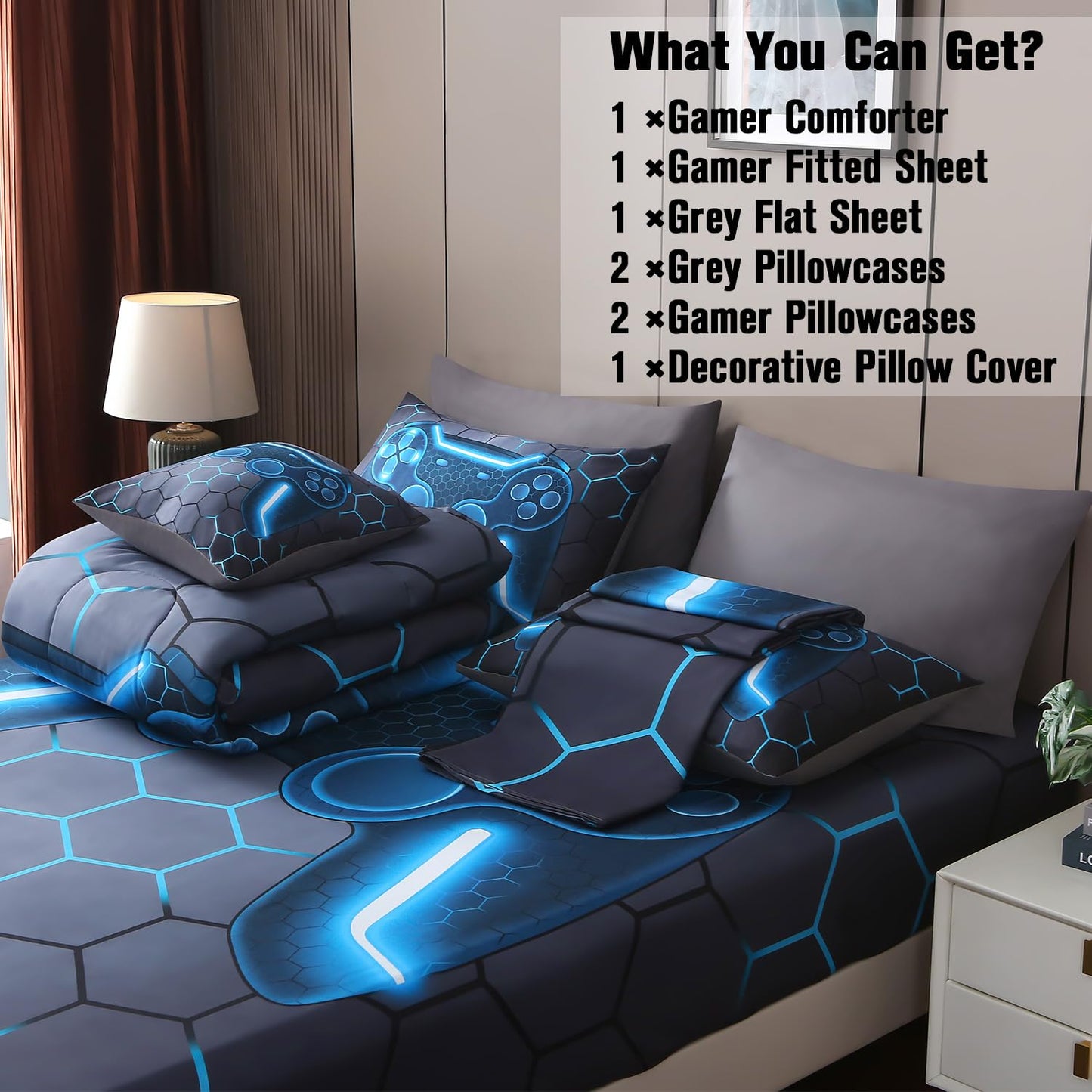 JQinHome Full Gamer Comforter Set,6 Piece Bed in A Bag 3D Video Game Bedding -All Season Down Alternative Gamer Bedding Sets - (Blue Game Controller)