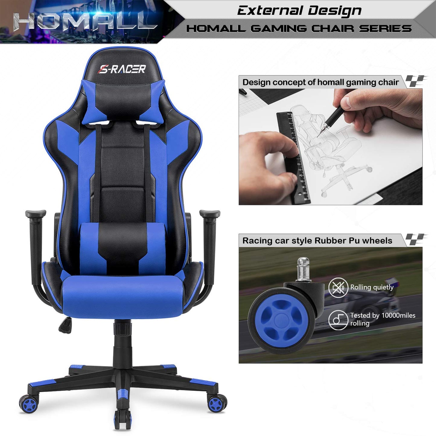 Homall Gaming Chair, Office Chair High Back Computer Chair Leather Desk Chair Racing Executive Ergonomic Adjustable Swivel Task Chair with Headrest and Lumbar Support (White) - Gapo Goods -