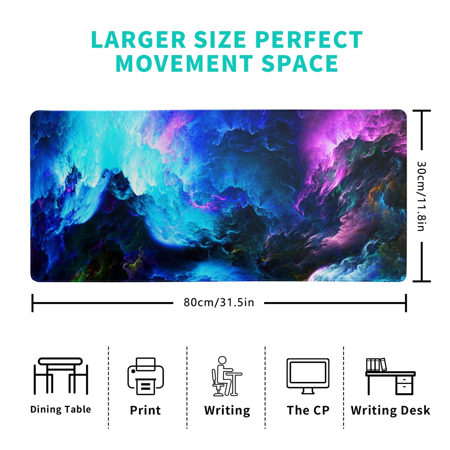 Japanese Gaming Mouse Pad Abstract Black Mouse Pad 31.5x11.8 Inch Black Sea Wave Texture Non-Slip Rubber Base Large Ocean Mousepad Stitched Edges Keyboard Mouse Mat Desk Pad for Office and Home