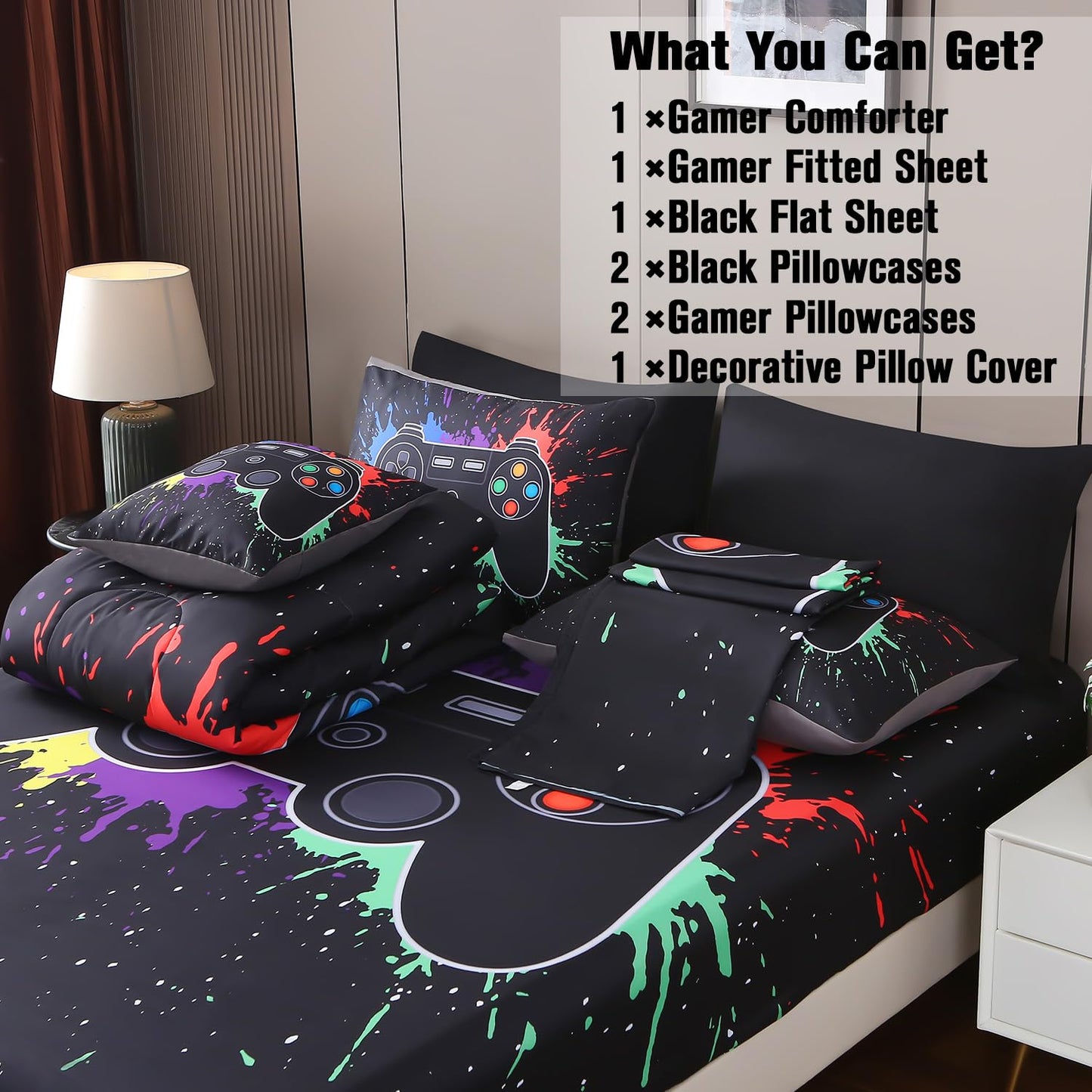 JQinHome Full Gamer Comforter Set,6 Piece Bed in A Bag 3D Video Game Bedding -All Season Down Alternative Gamer Bedding Sets - (Blue Game Controller)