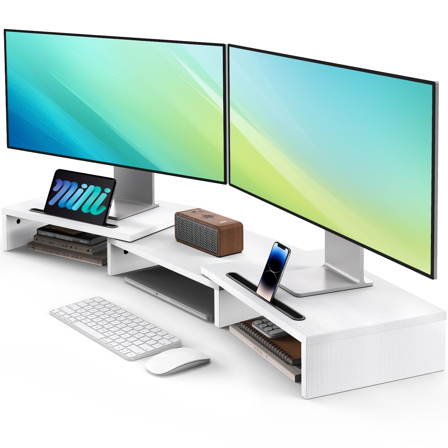 AMERIERGO Dual Monitor Stand Riser for 2 Monitors, Monitor Stand for Desk, Adjustable Computer Monitor Stand with 2 Slot, Multifunctional Desktop Organizer Stand for Laptop, PC, Computer, Printer